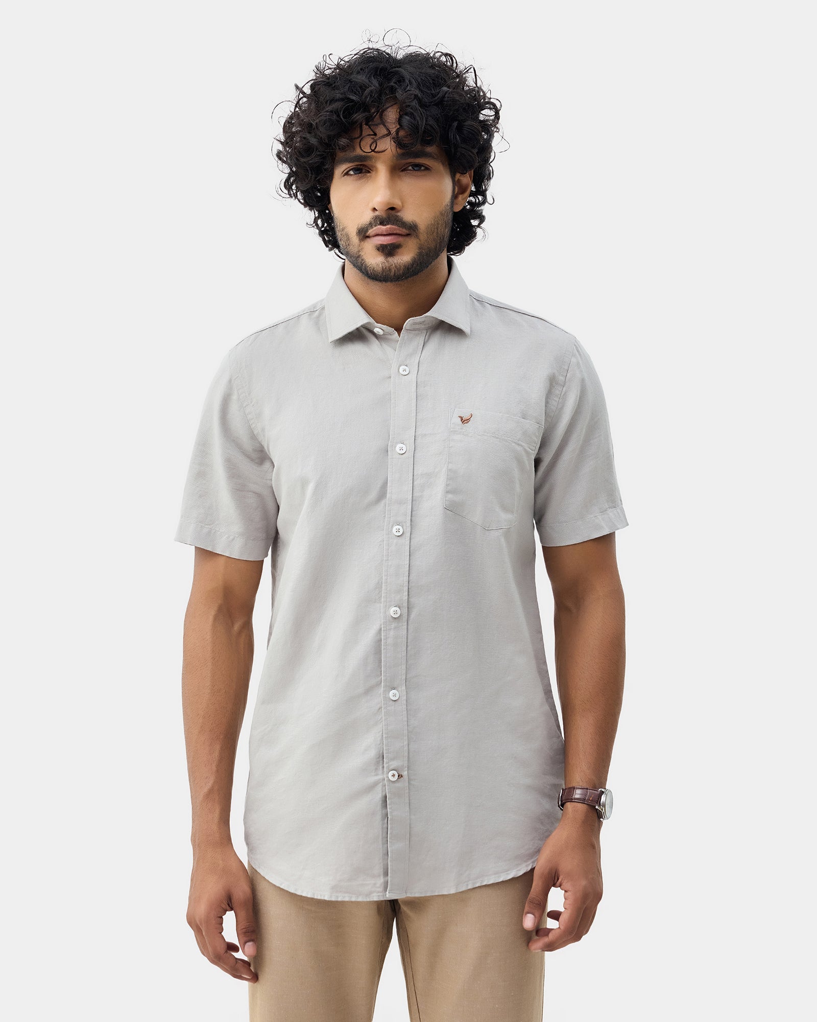 Light Grey Half Sleeve Linen Solid Shirt - Cleo
