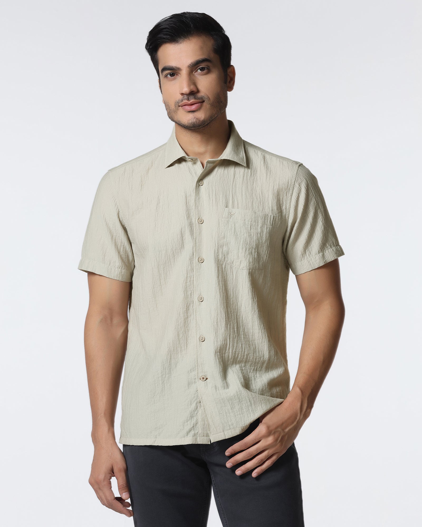 Light Grey Half Sleeve Textured Shirt - Cremon