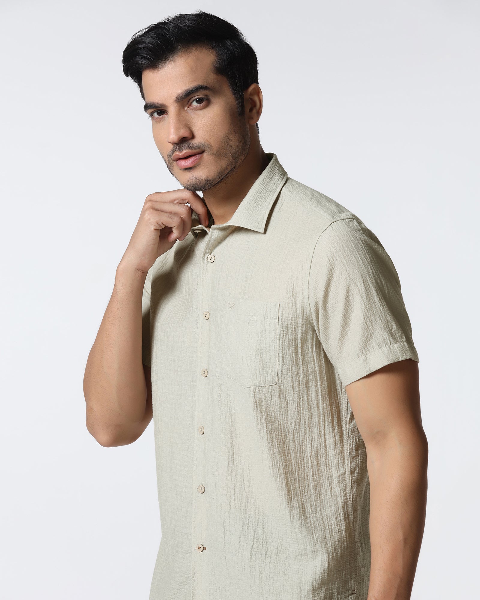 Light Grey Half Sleeve Textured Shirt - Cremon