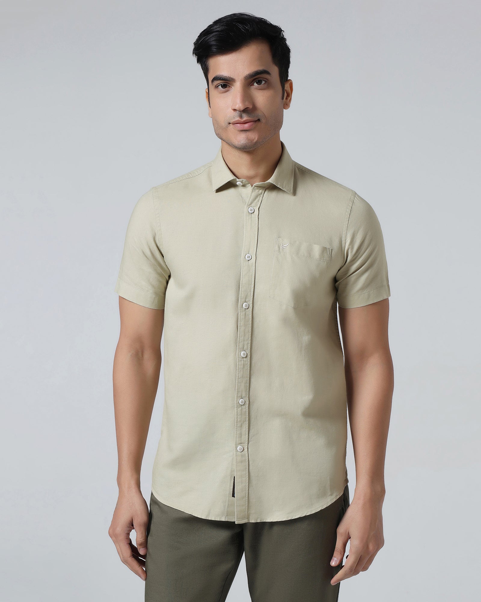 Light Olive Half Sleeve Linen Solid Shirt - Cleo