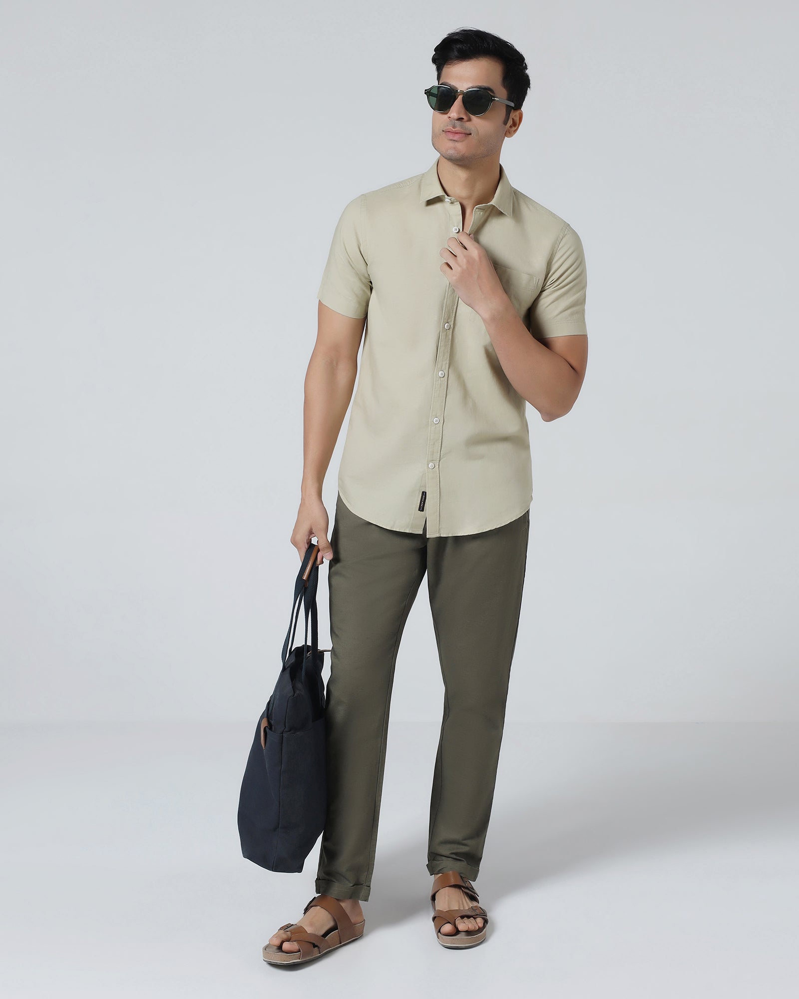 Light Olive Half Sleeve Linen Solid Shirt - Cleo