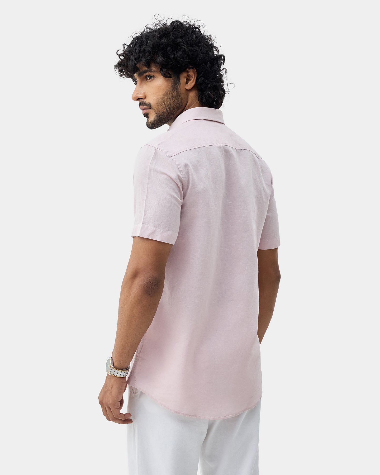 Light Pink Half Sleeve Linen Solid Shirt - Cleo