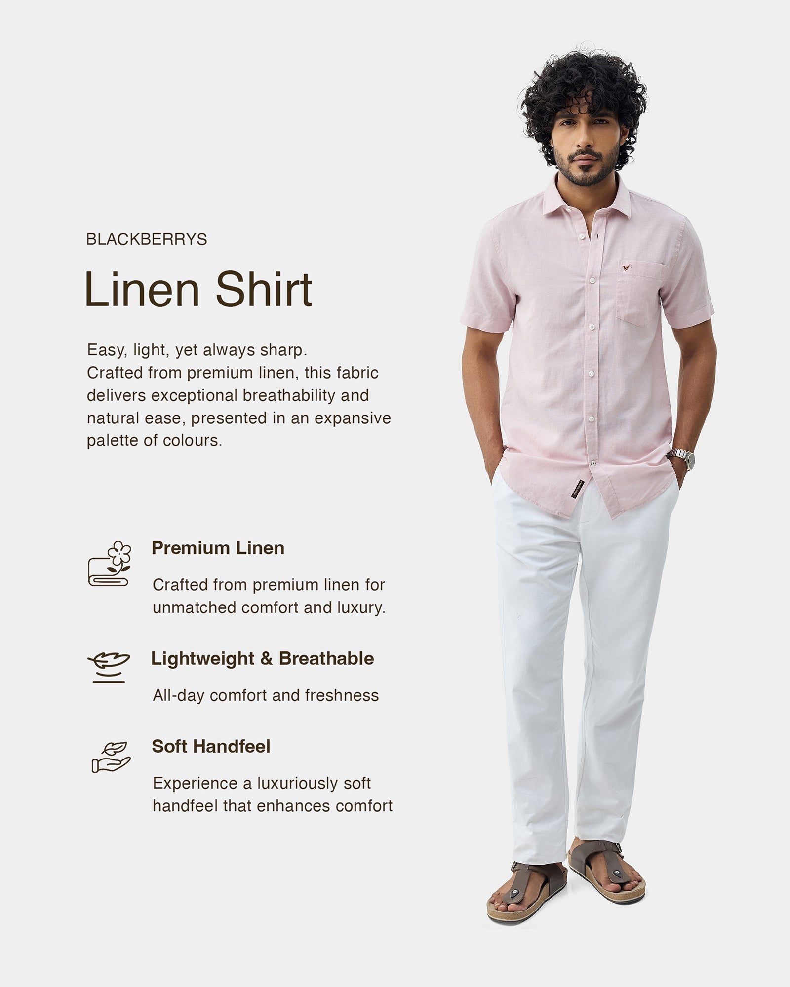 Light Pink Half Sleeve Linen Solid Shirt - Cleo