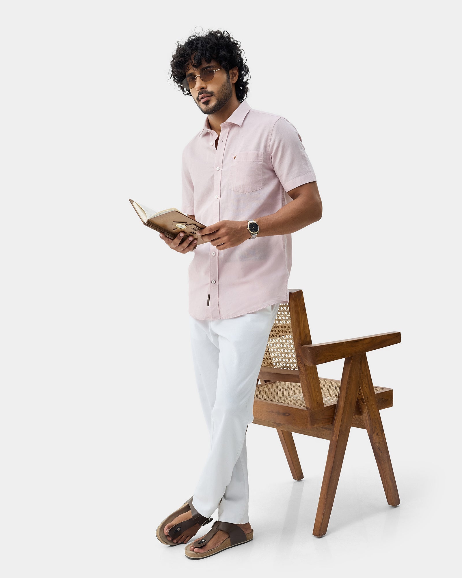Light Pink Half Sleeve Linen Solid Shirt - Cleo