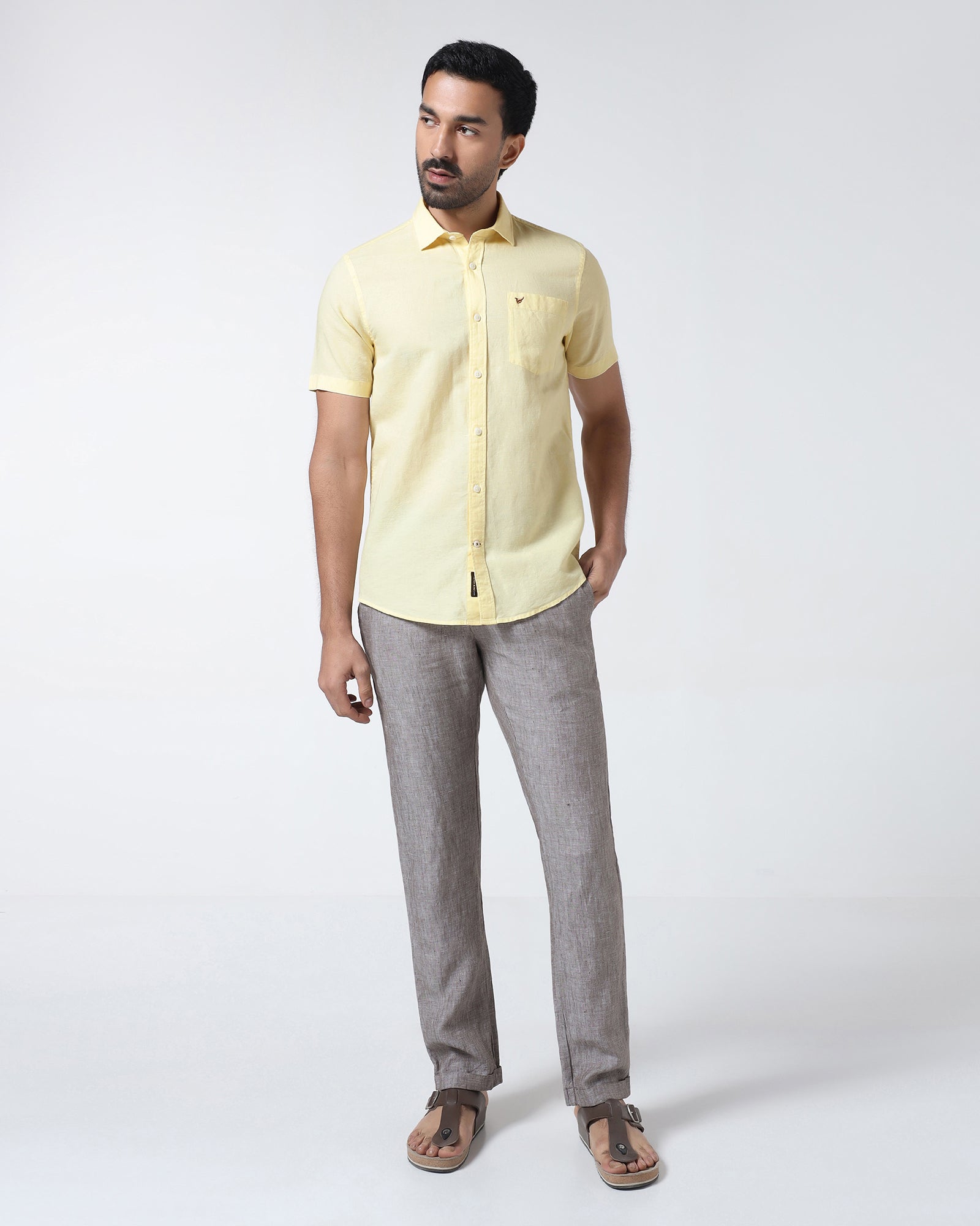 Light Yellow Half Sleeve Linen Solid Shirt - Cleo