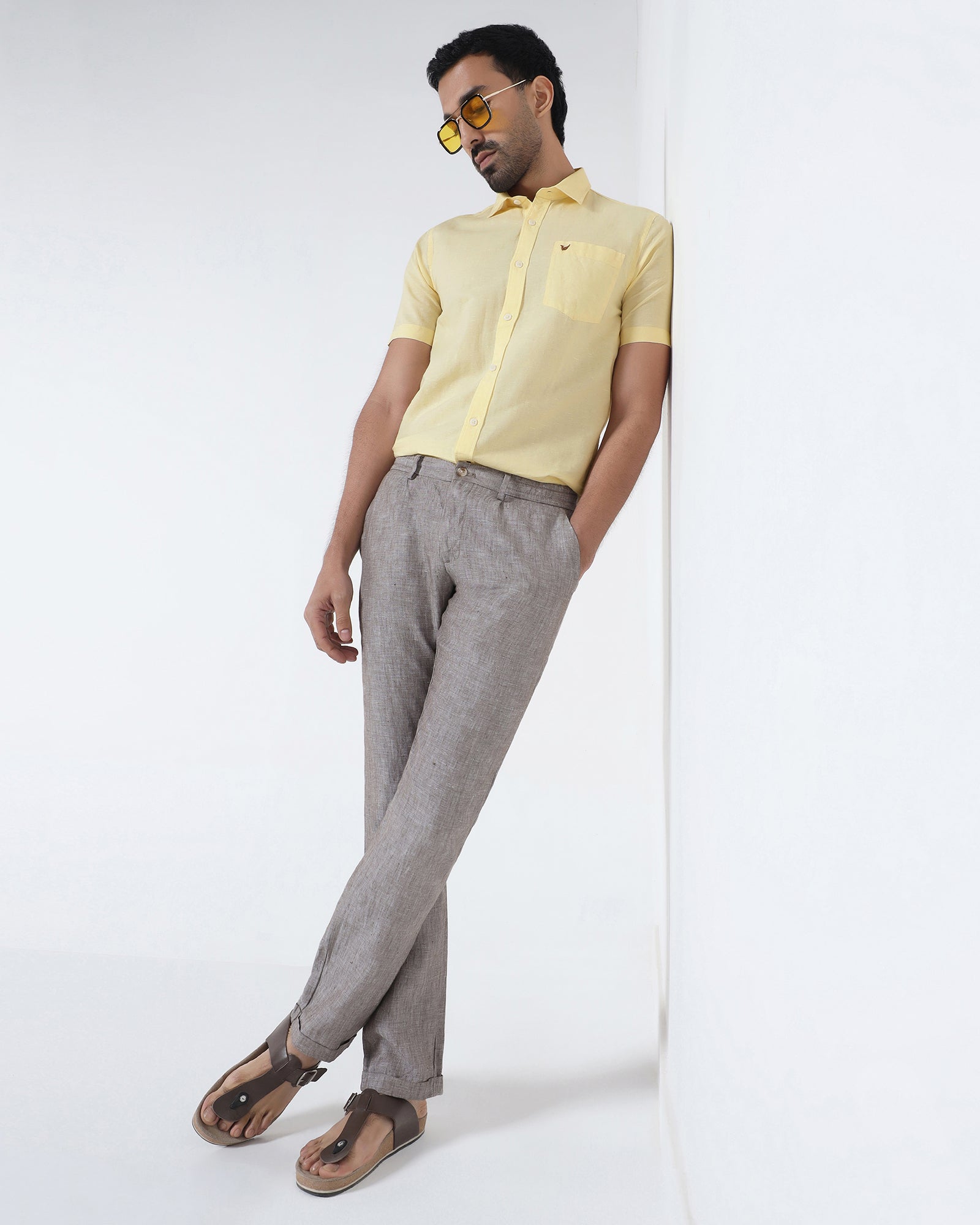 Light Yellow Half Sleeve Linen Solid Shirt - Cleo