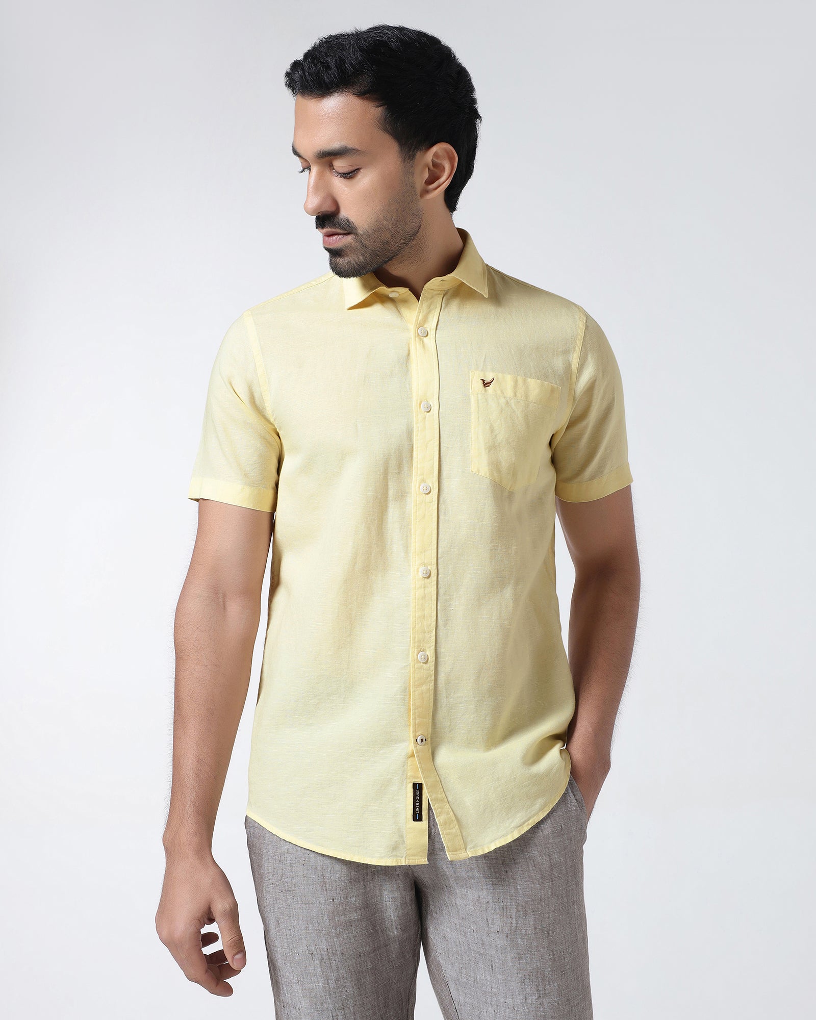 Light Yellow Half Sleeve Linen Solid Shirt - Cleo