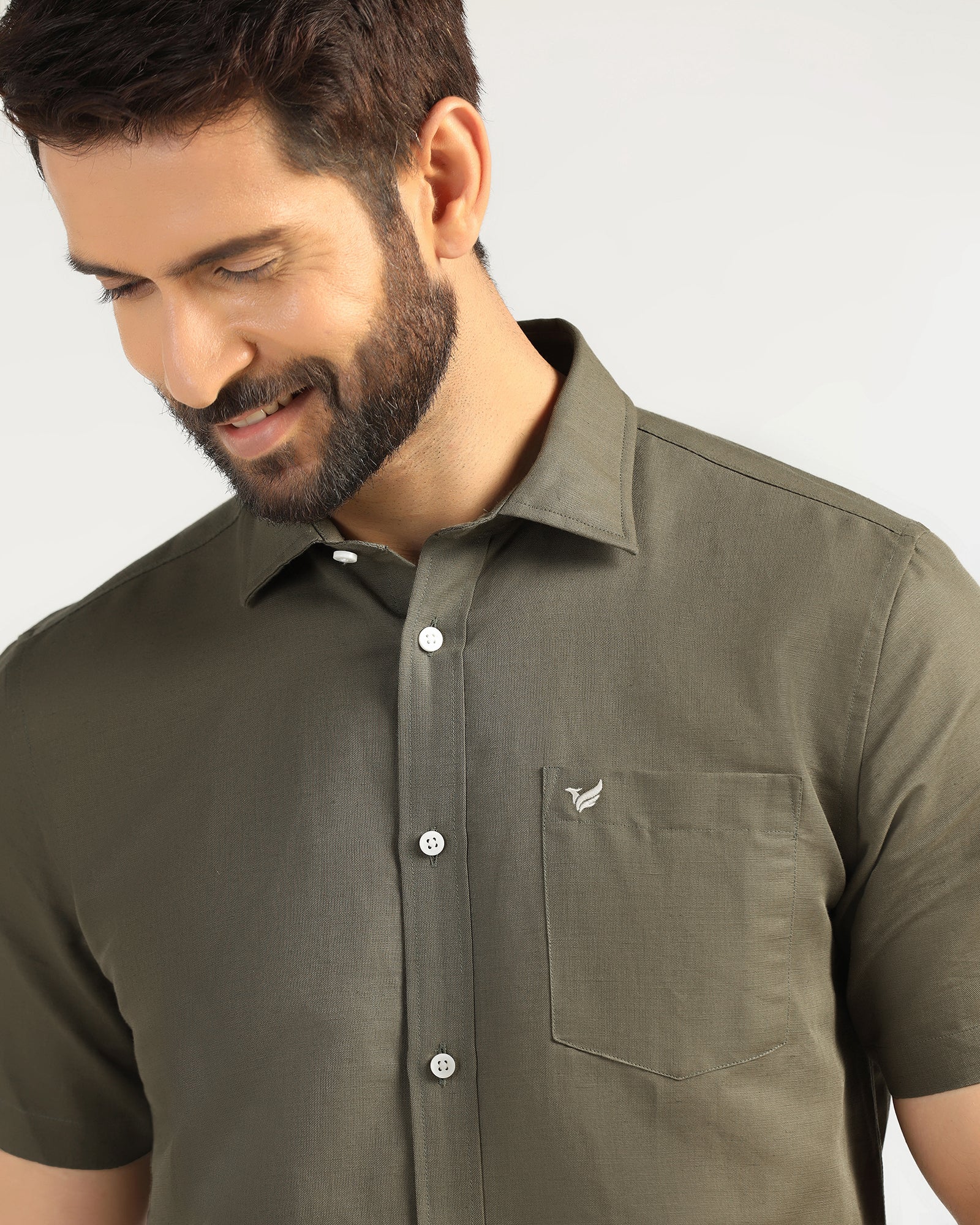 Linen Casual Half Sleeve Olive Solid Shirt - Salmon