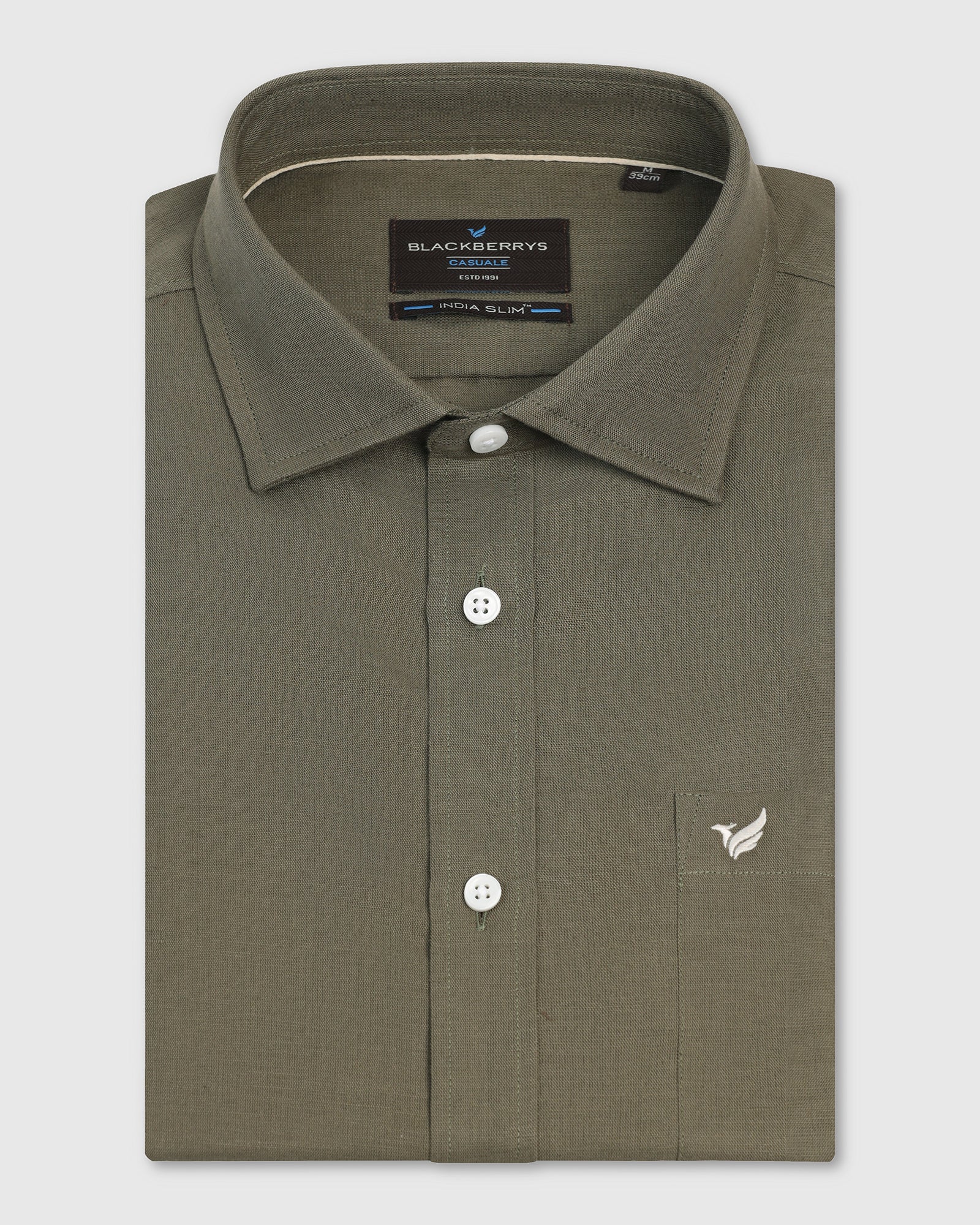 Linen Casual Half Sleeve Olive Solid Shirt - Salmon