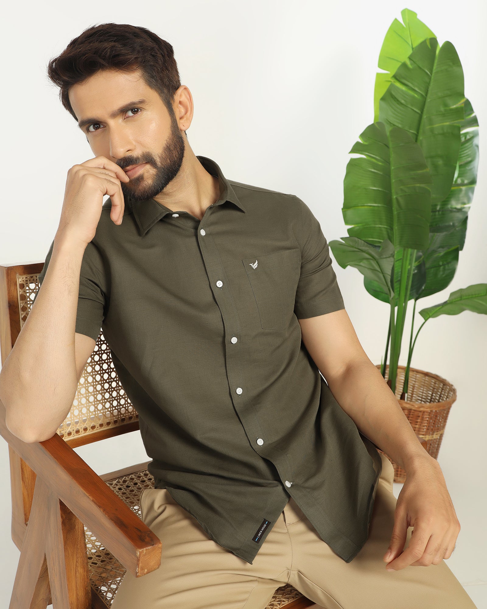 Linen Casual Half Sleeve Olive Solid Shirt - Salmon