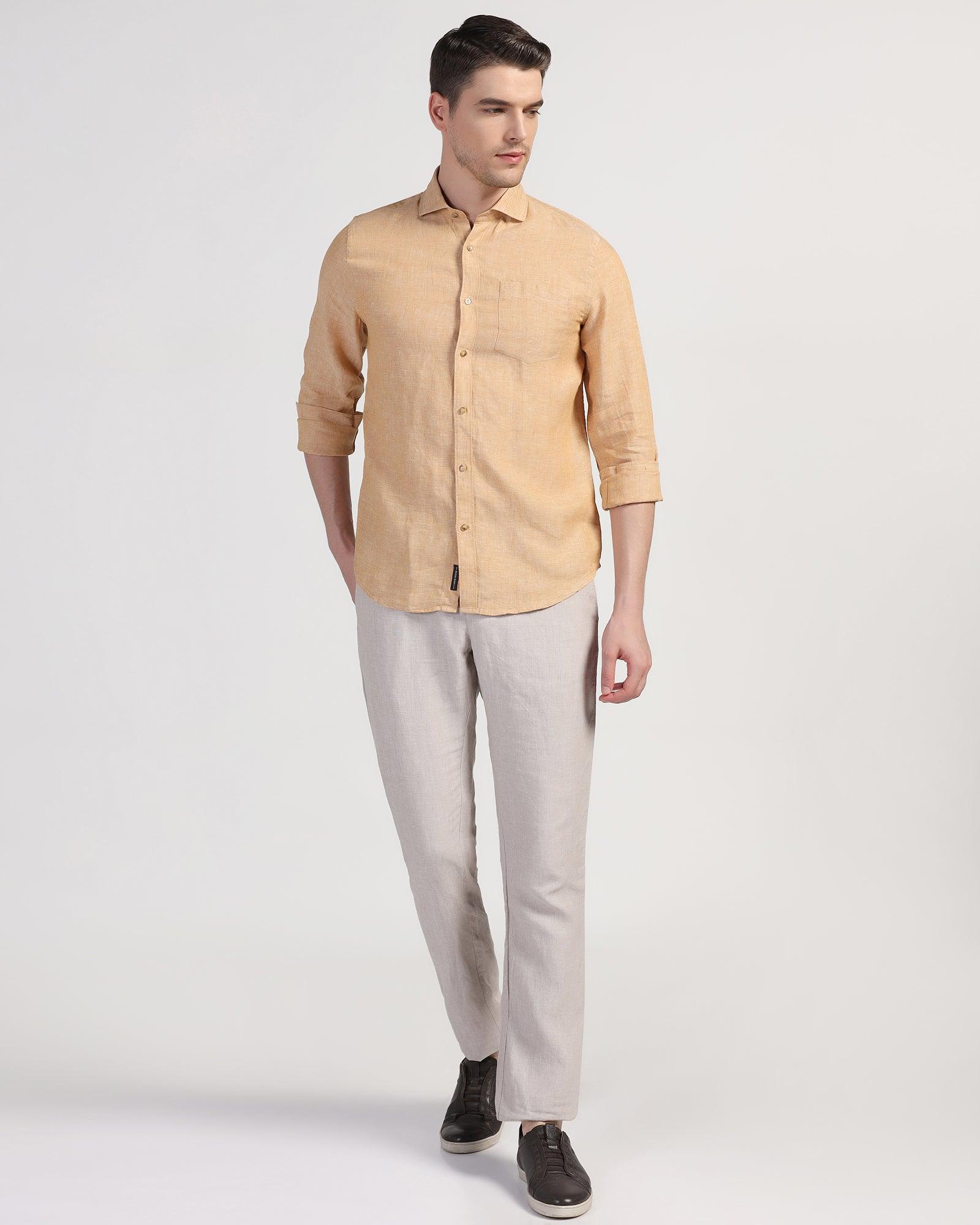 Linen Casual Beige Solid Shirt - Stefan - Blackberrys