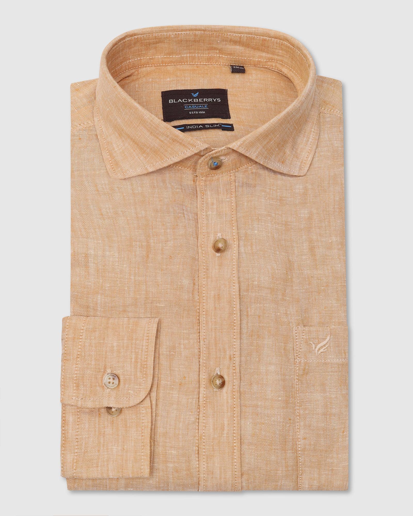 Linen Casual Beige Solid Shirt - Stefan - Blackberrys
