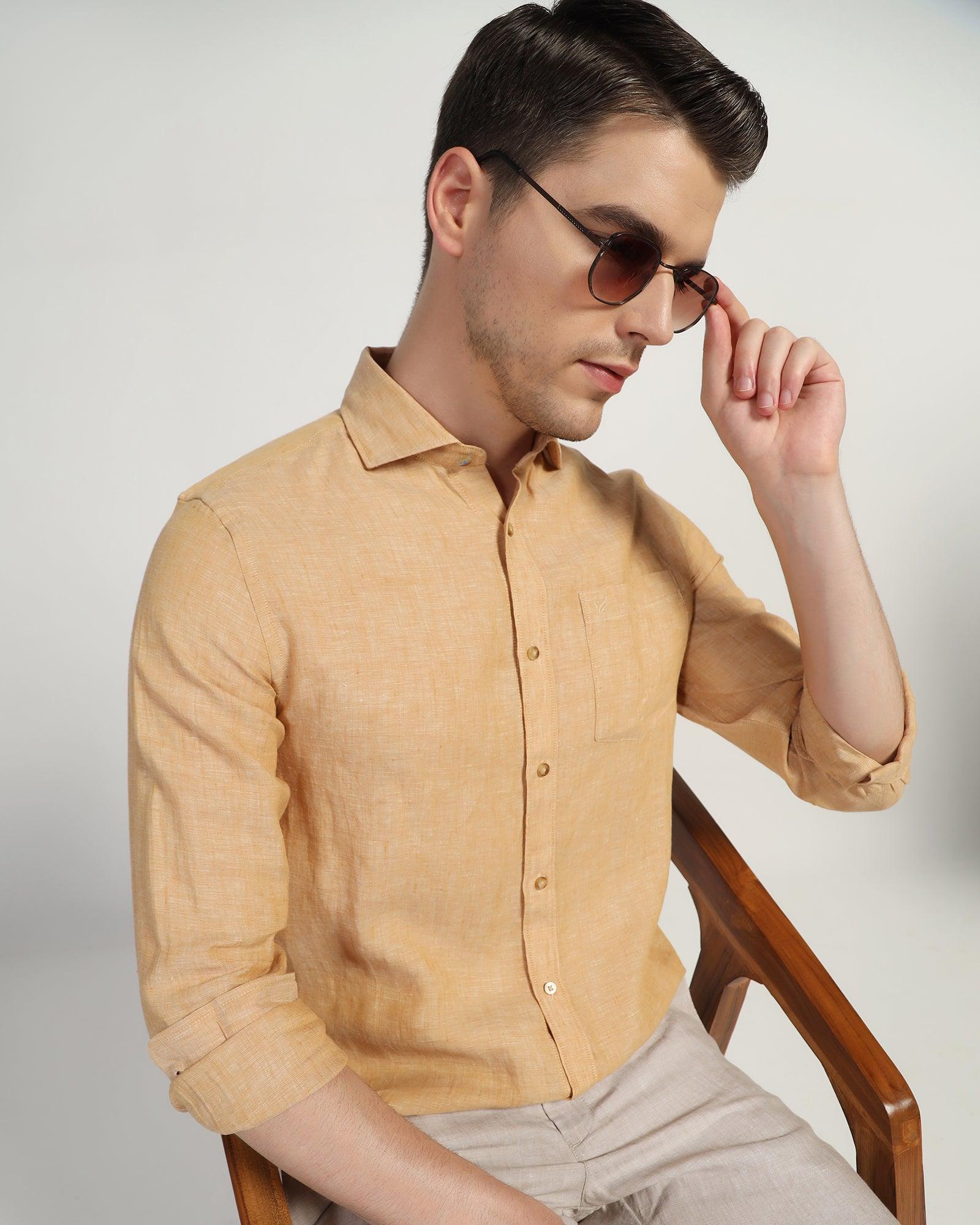 Linen Casual Beige Solid Shirt - Stefan - Blackberrys