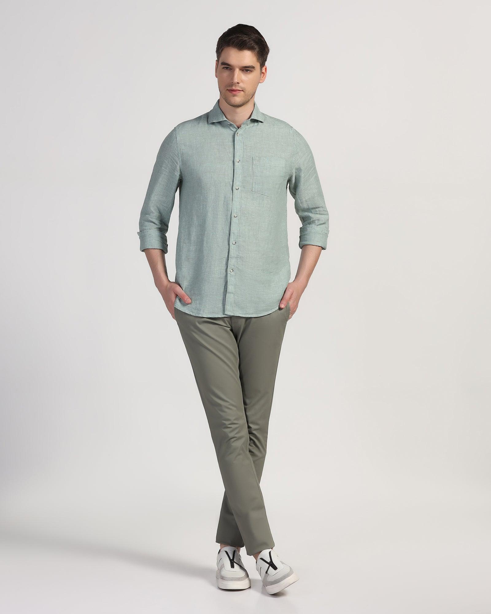 Linen Casual Green Solid Shirt - Stefan - Blackberrys