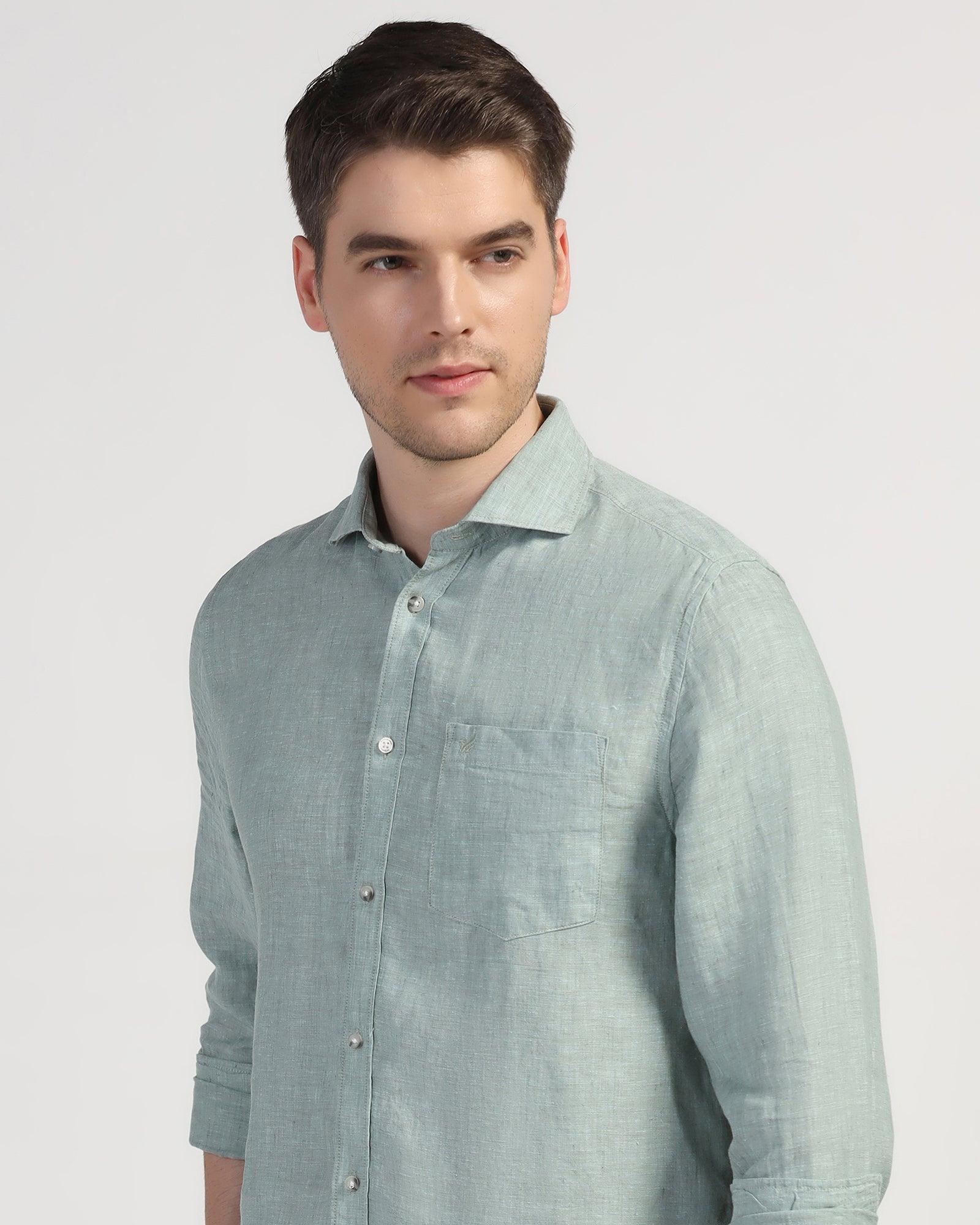 Linen Casual Green Solid Shirt - Stefan - Blackberrys