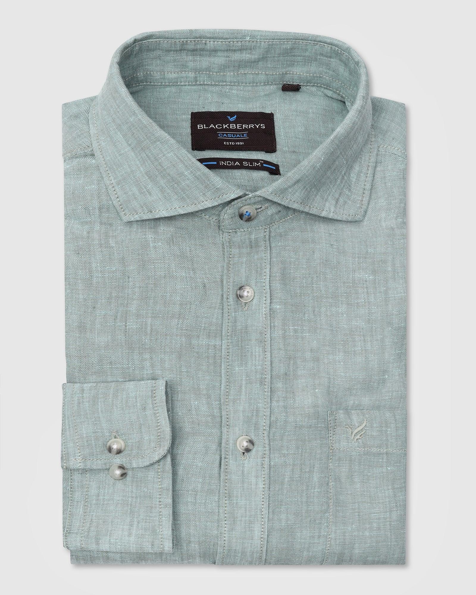 Linen Casual Green Solid Shirt - Stefan - Blackberrys