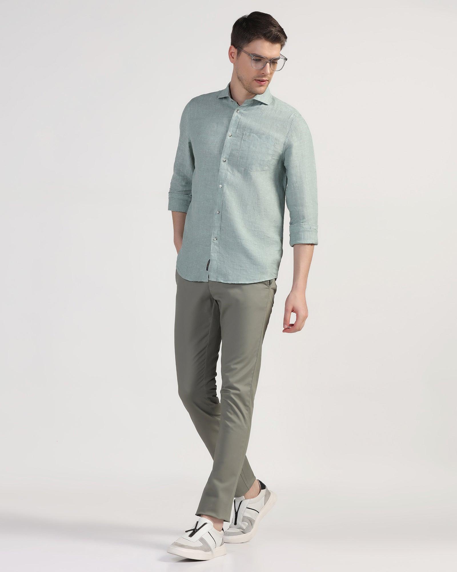 Linen Casual Green Solid Shirt - Stefan - Blackberrys
