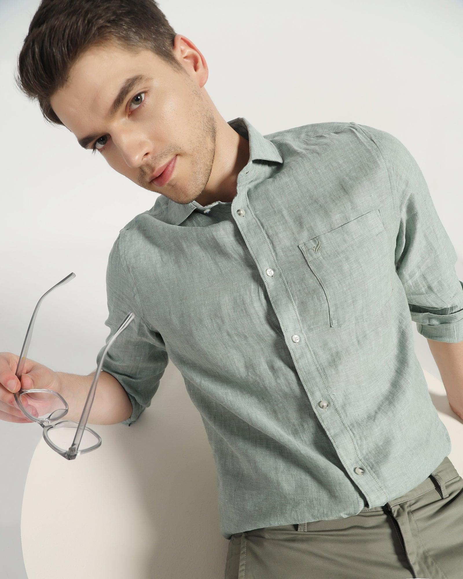 Linen Casual Green Solid Shirt - Stefan - Blackberrys
