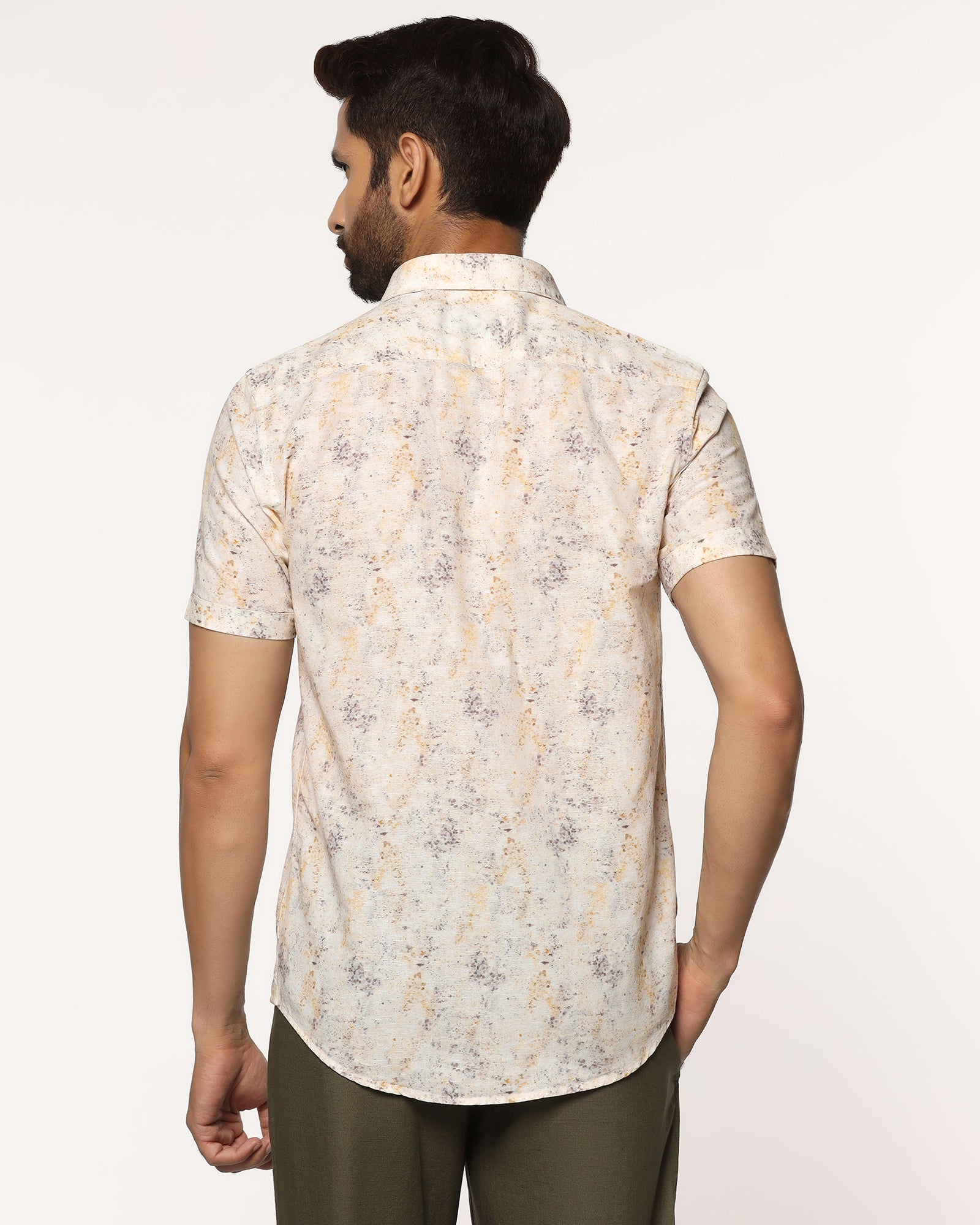 Linen Casual Half Sleeve Beige Printed Shirt - Gabin
