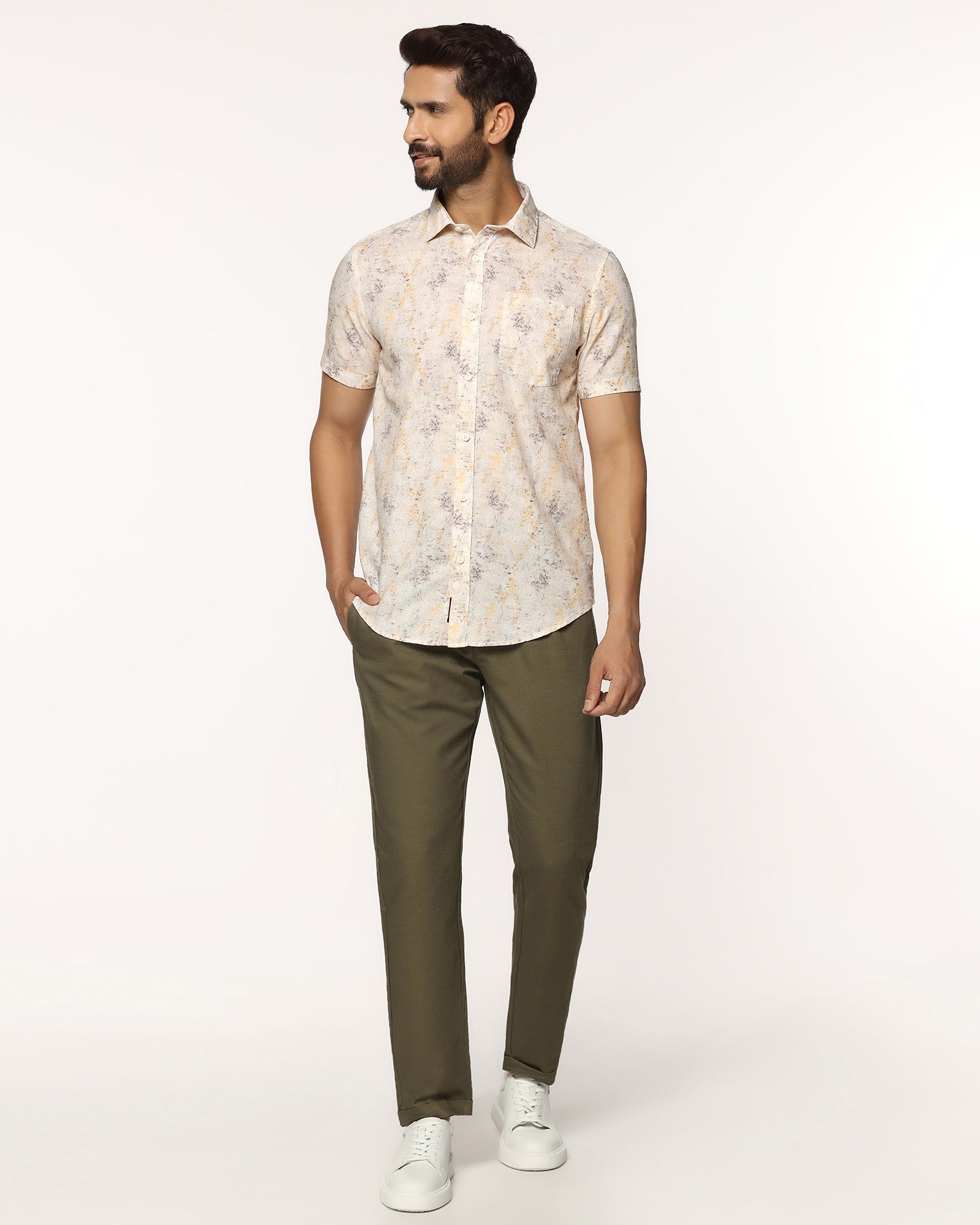 Linen Casual Half Sleeve Beige Printed Shirt - Gabin