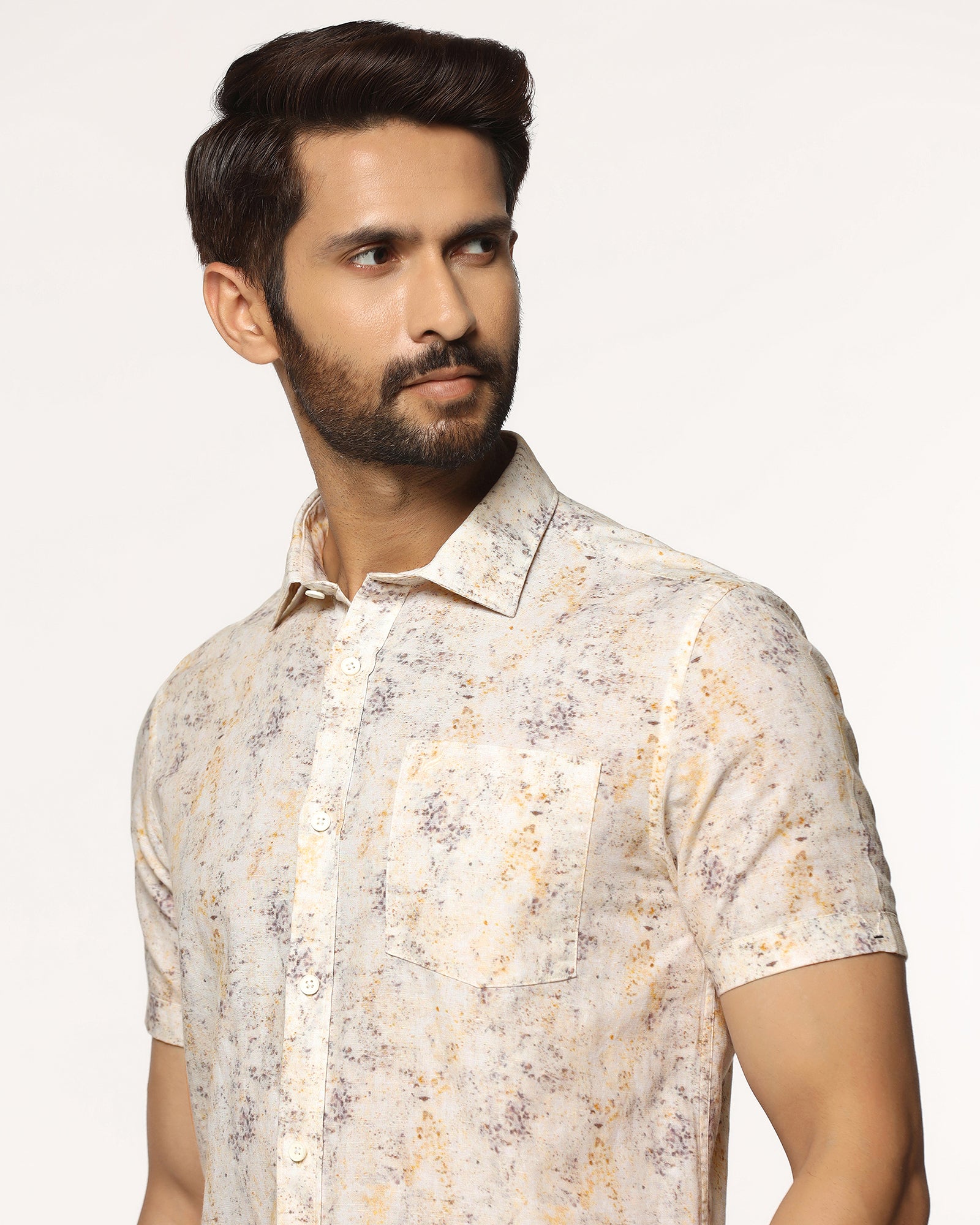 Linen Casual Half Sleeve Beige Printed Shirt - Gabin