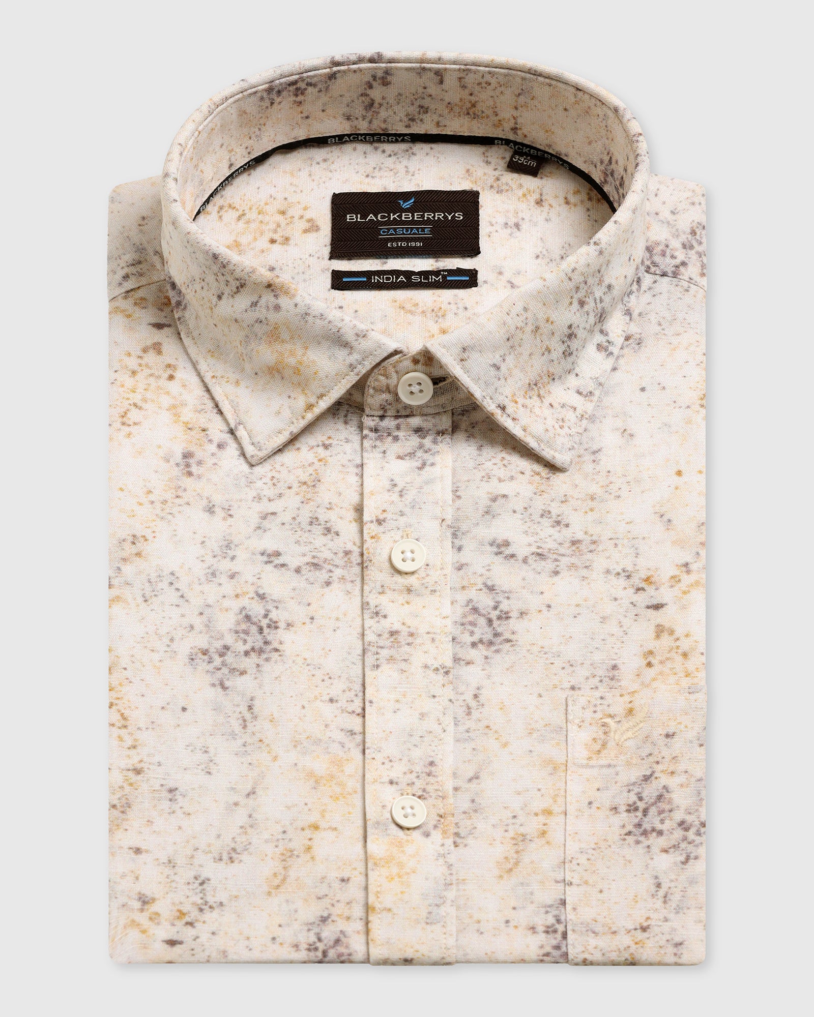 Linen Casual Half Sleeve Beige Printed Shirt - Gabin