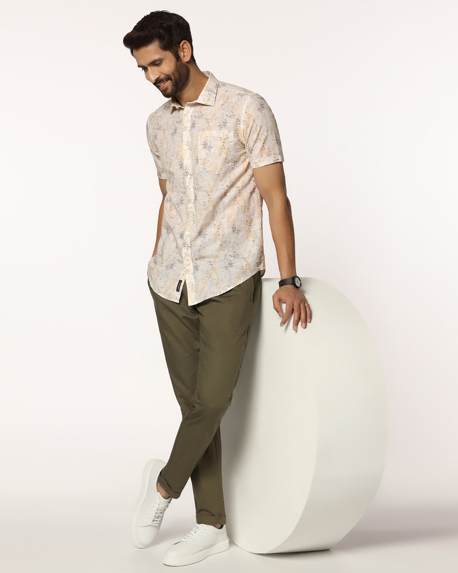 Linen Casual Half Sleeve Beige Printed Shirt - Gabin