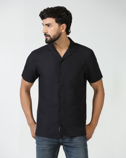 Linen Casual Half Sleeve Black Solid Shirt - maison