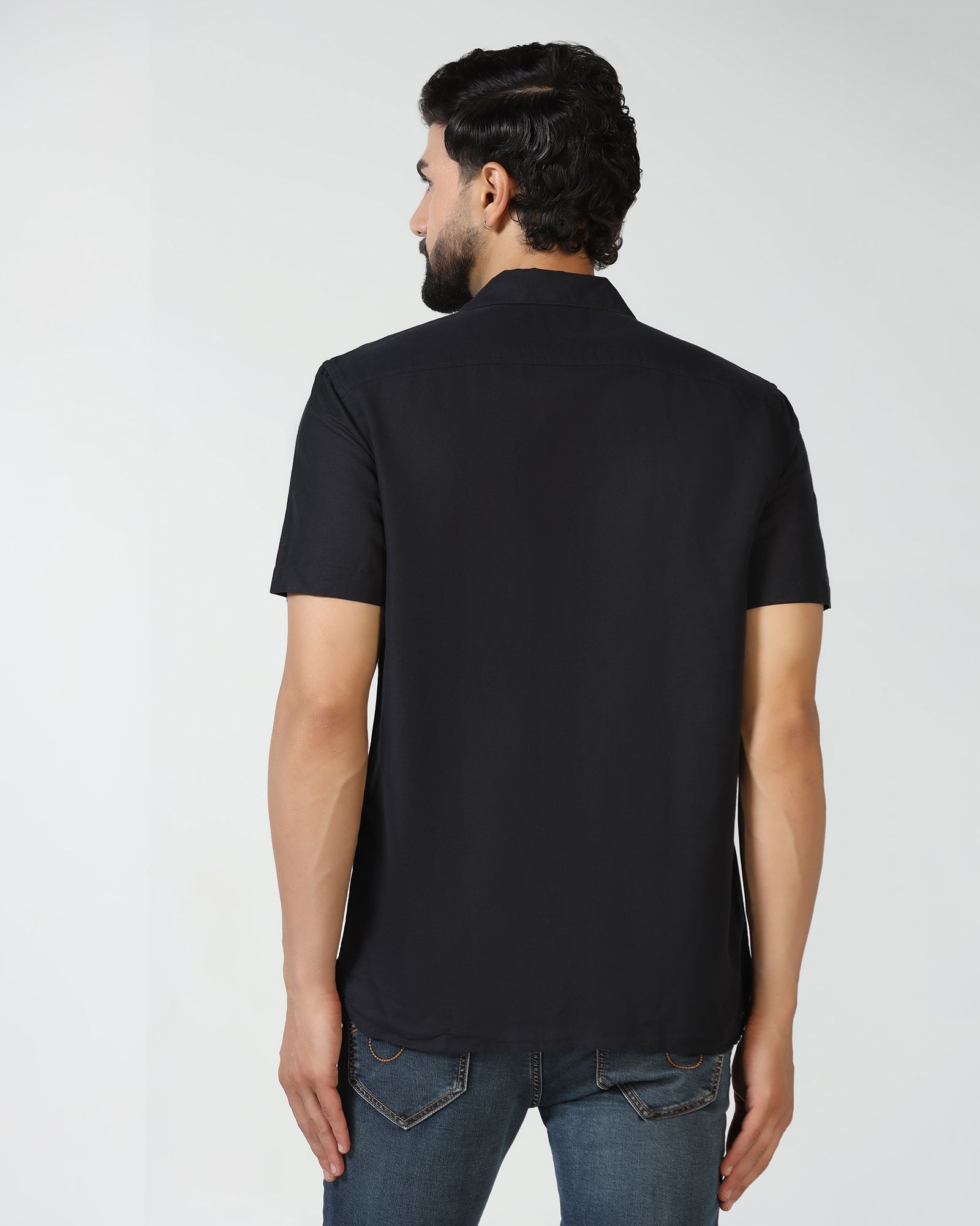 Linen Casual Half Sleeve Black Solid Shirt - maison