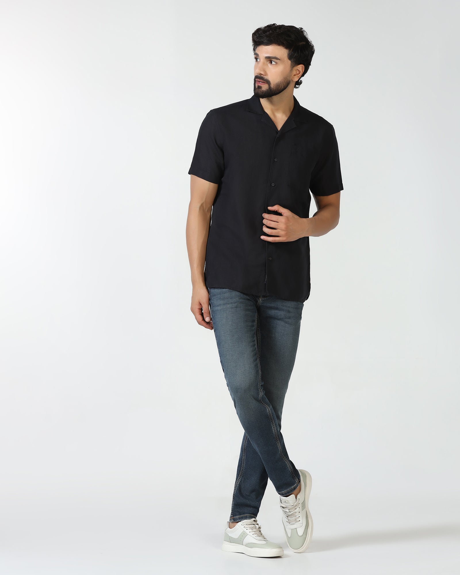 Linen Casual Half Sleeve Black Solid Shirt - maison