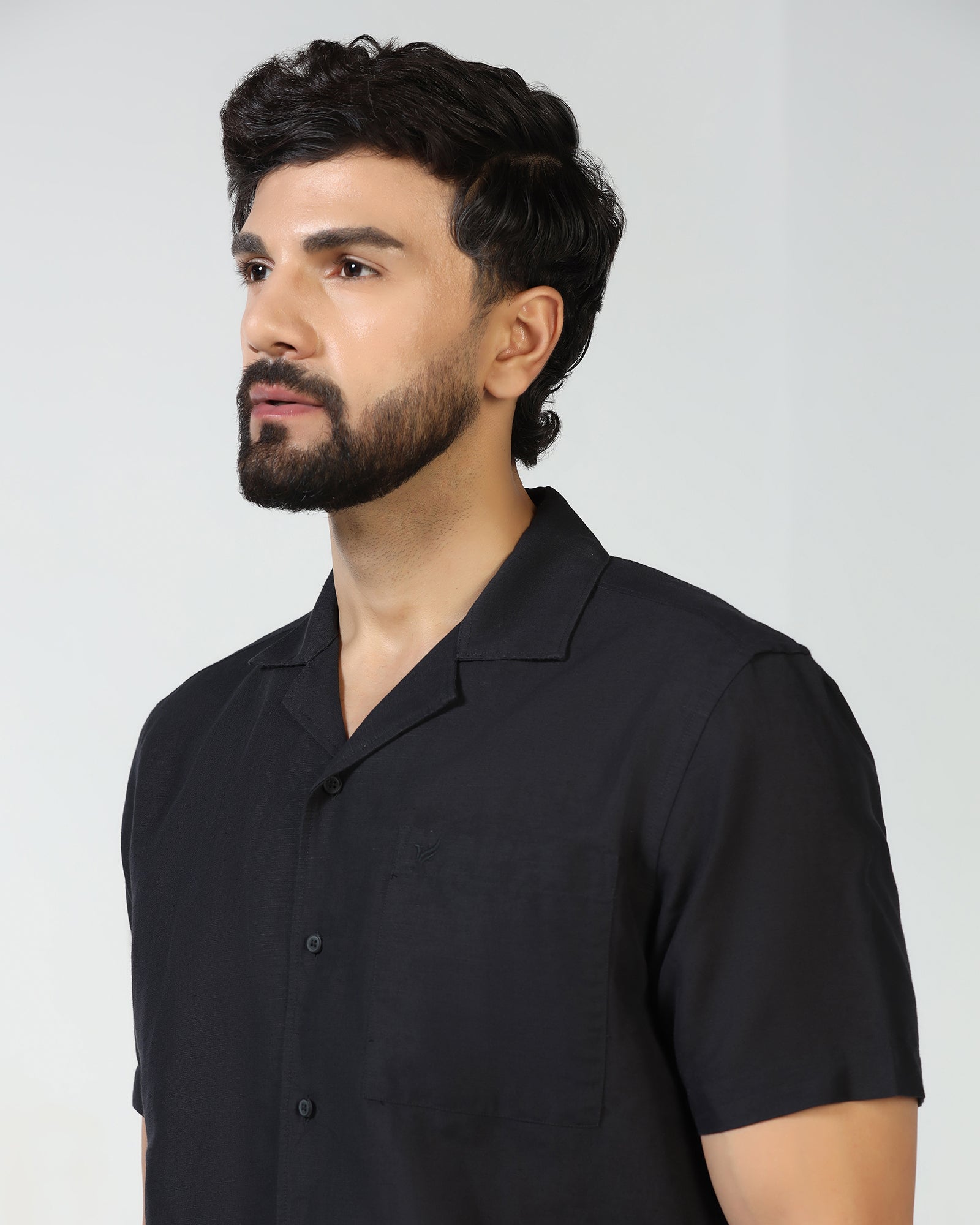 Linen Casual Half Sleeve Black Solid Shirt - maison