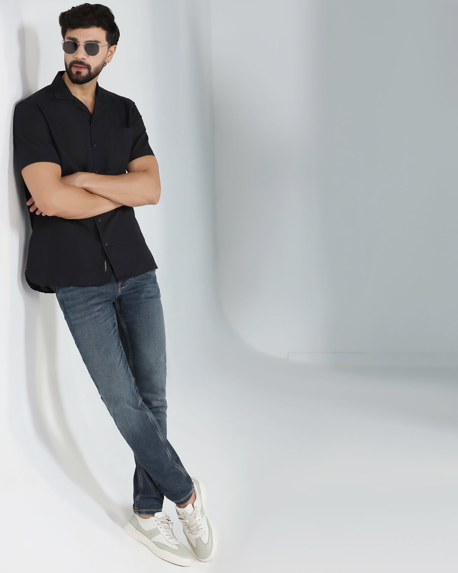 Linen Casual Half Sleeve Black Solid Shirt - maison