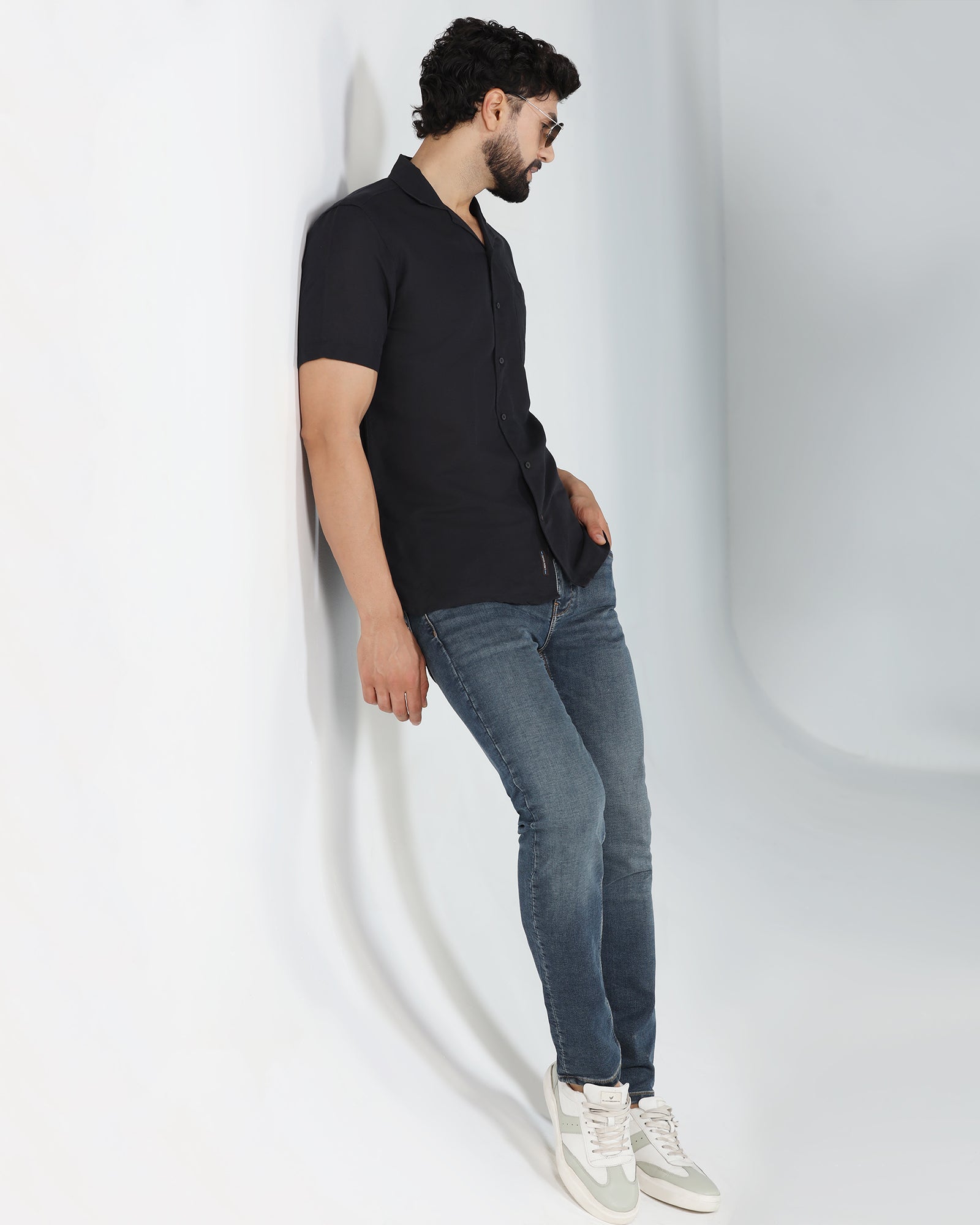Linen Casual Half Sleeve Black Solid Shirt - maison