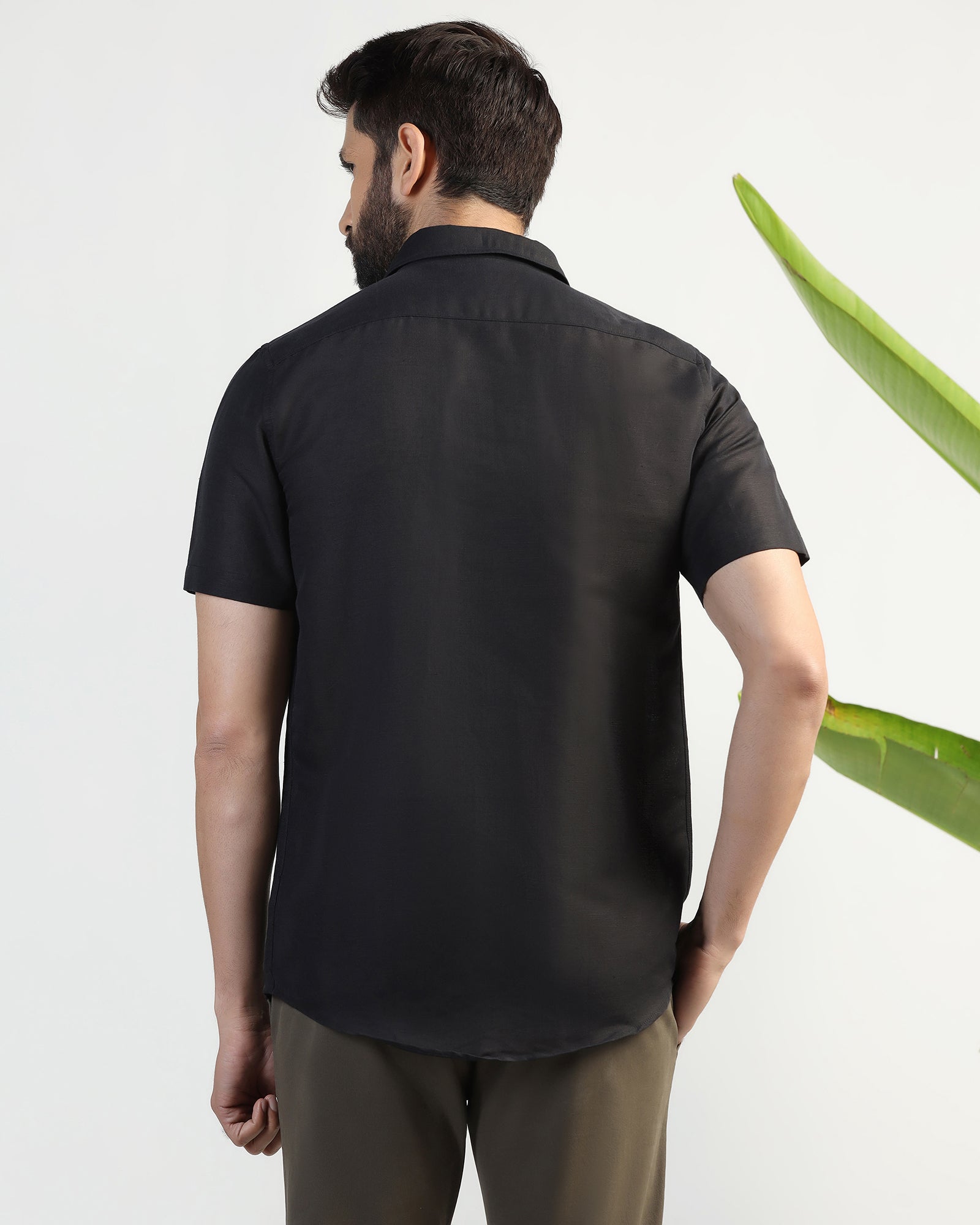 Linen Casual Half Sleeve Black Solid Shirt - salmon