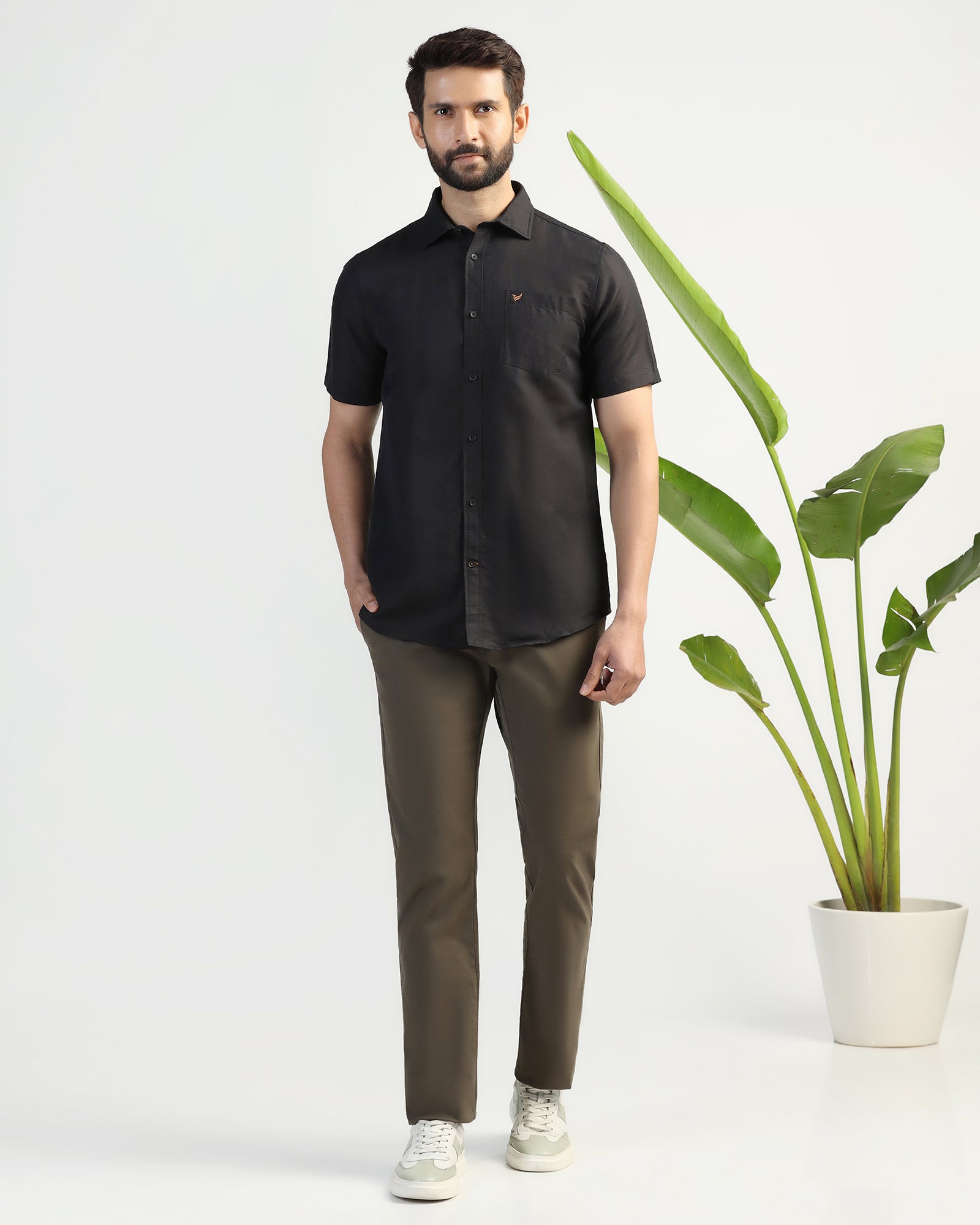 Linen Casual Half Sleeve Black Solid Shirt - salmon