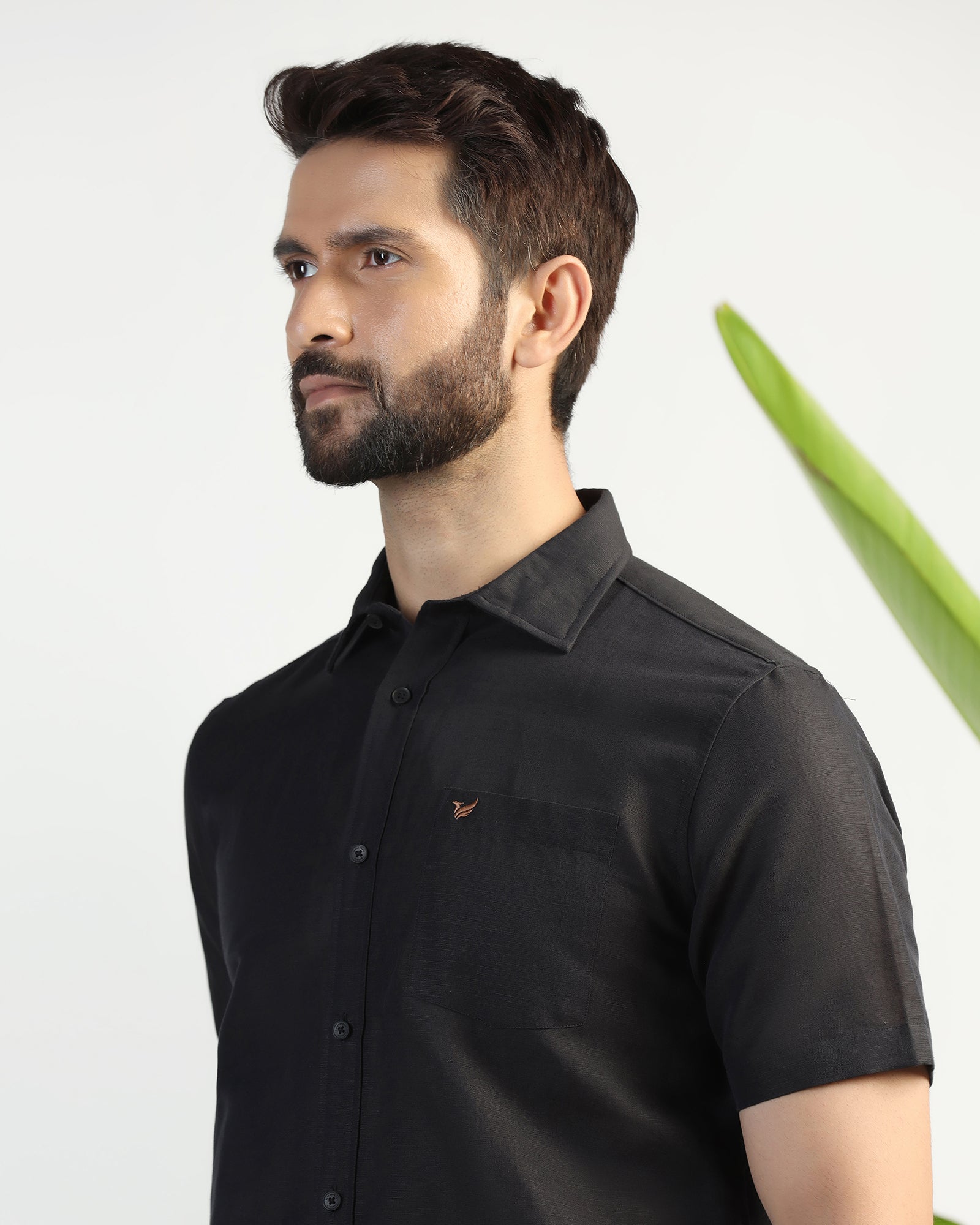 Linen Casual Half Sleeve Black Solid Shirt - salmon