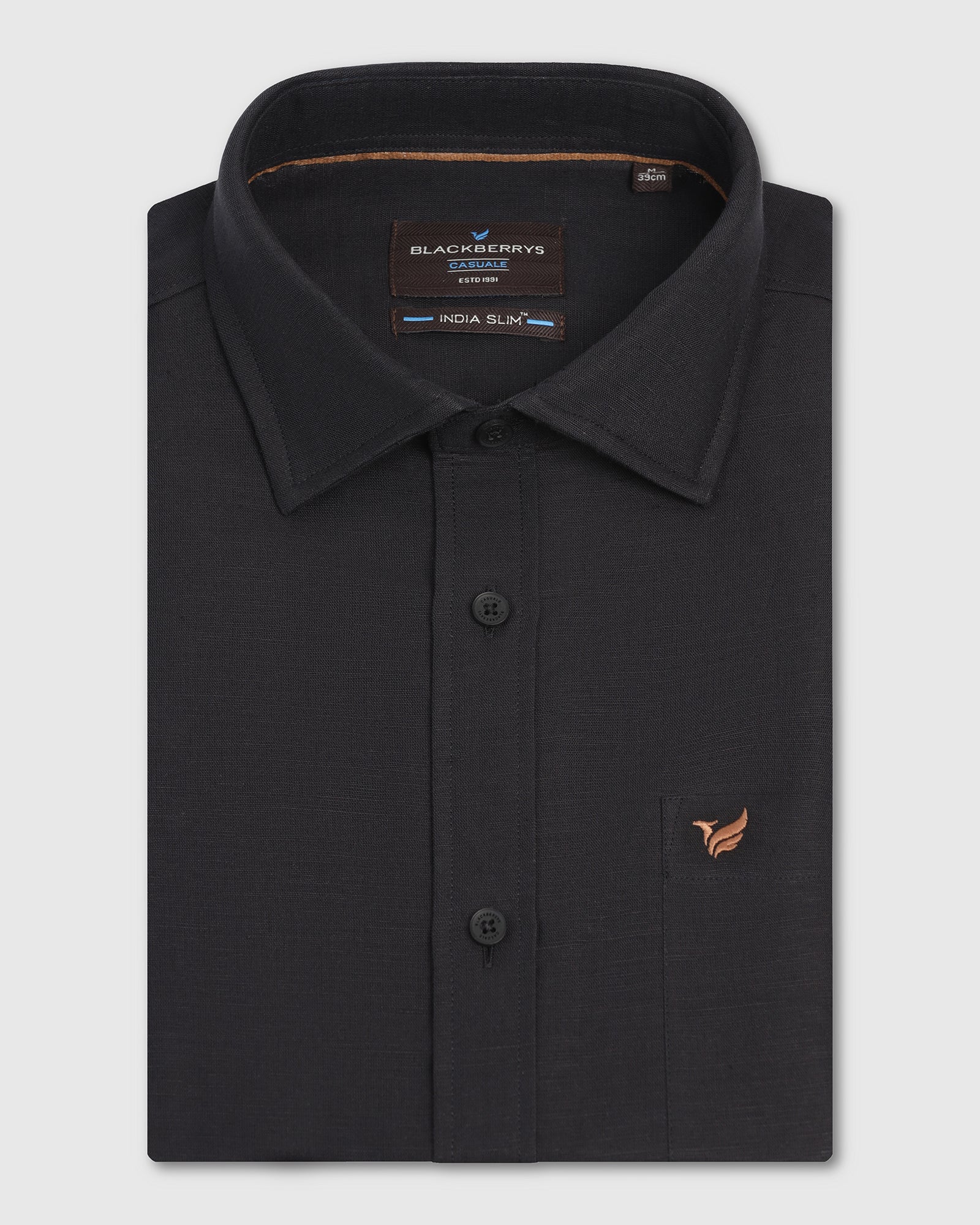 Linen Casual Half Sleeve Black Solid Shirt - salmon
