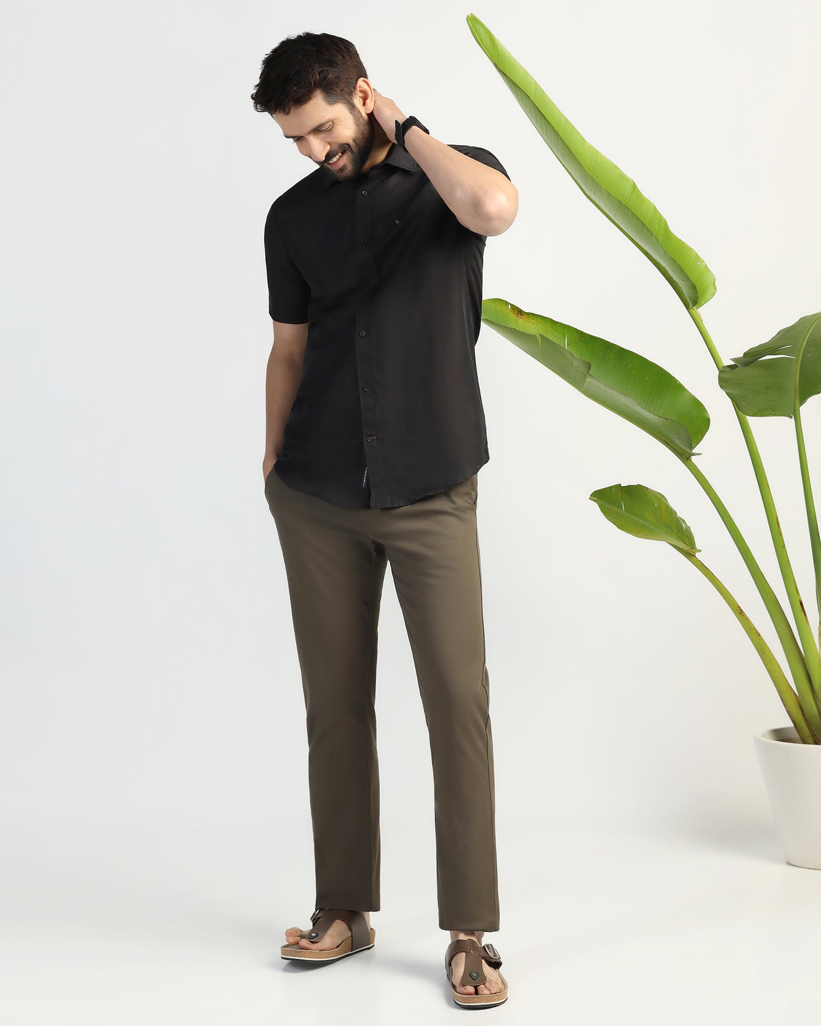 Linen Casual Half Sleeve Black Solid Shirt - salmon