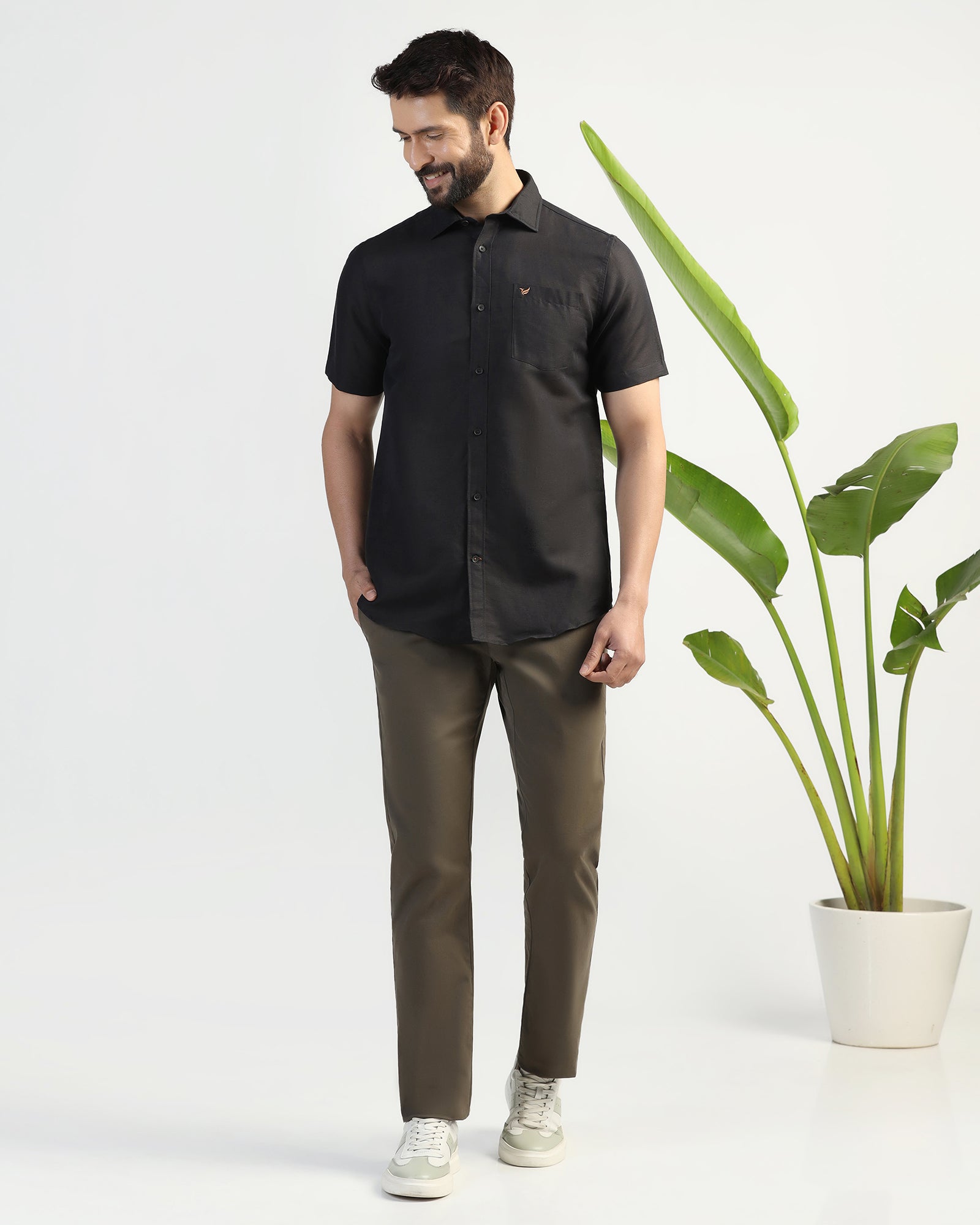 Linen Casual Half Sleeve Black Solid Shirt - salmon