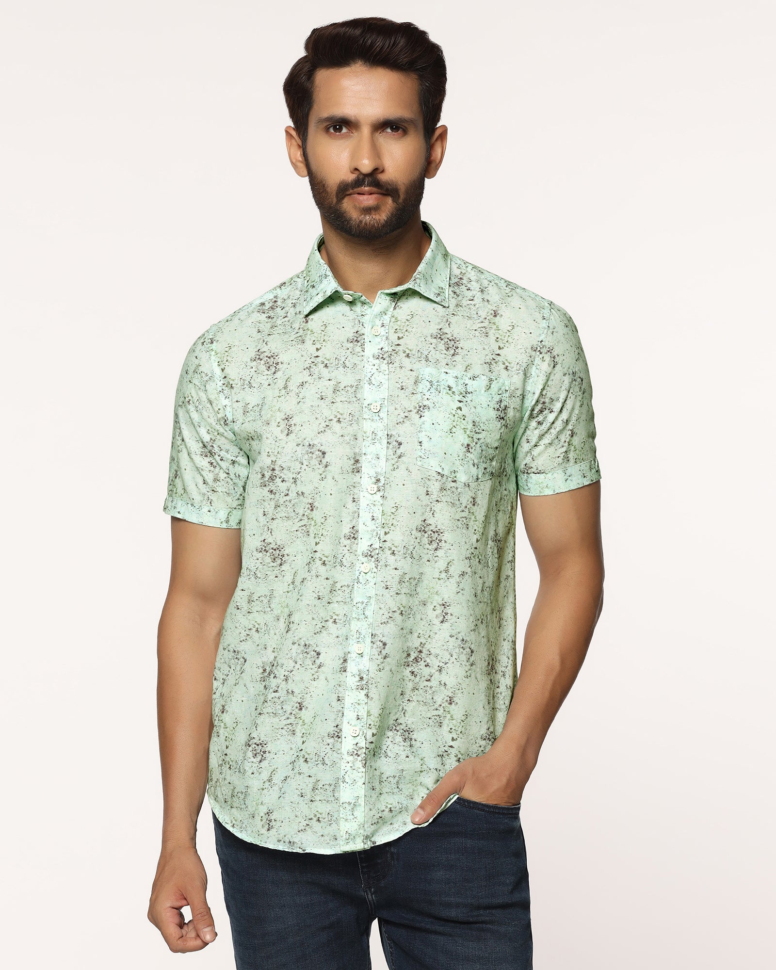 Linen Casual Half Sleeve Grey Printed Shirt - gabin