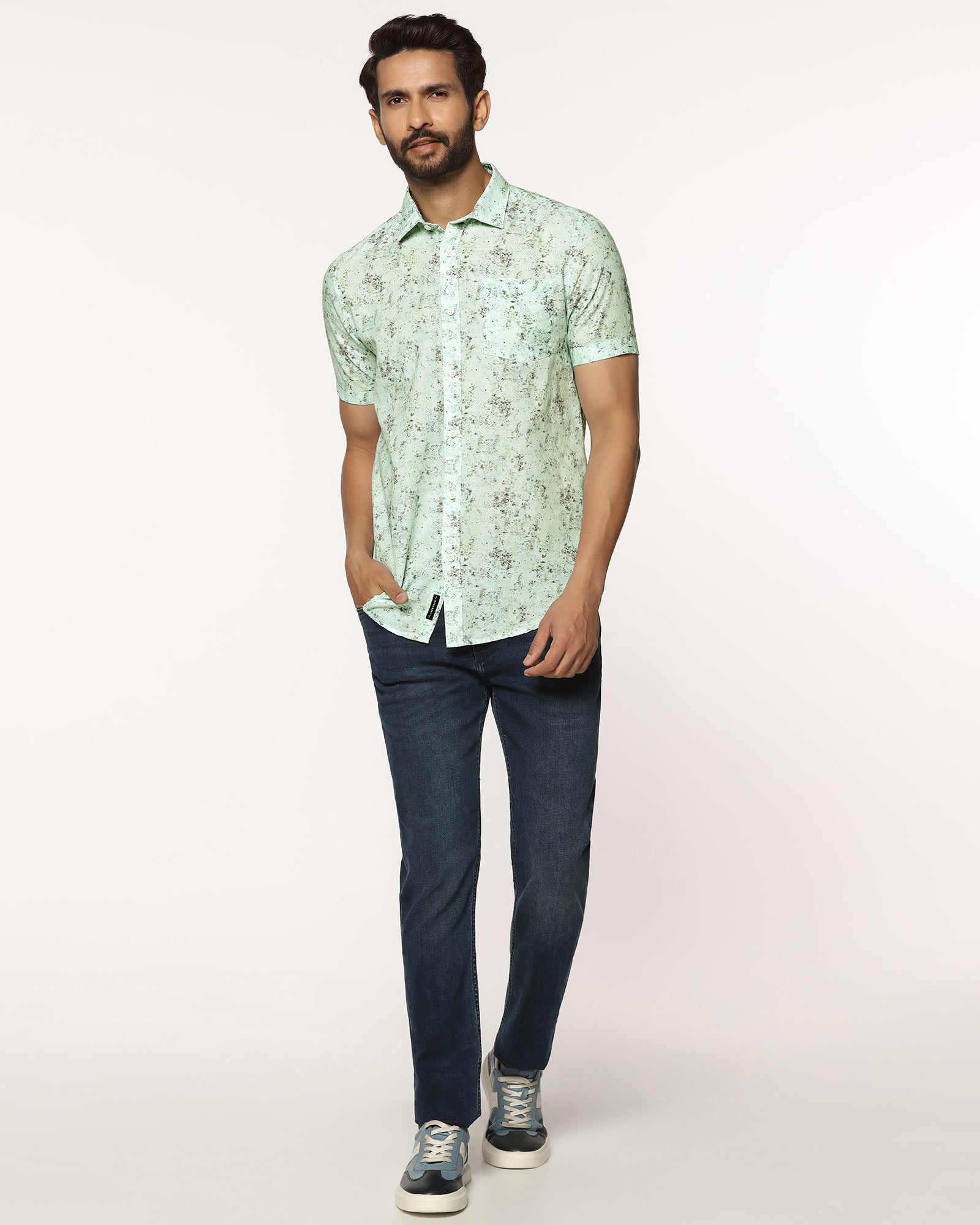 Linen Casual Half Sleeve Grey Printed Shirt - gabin