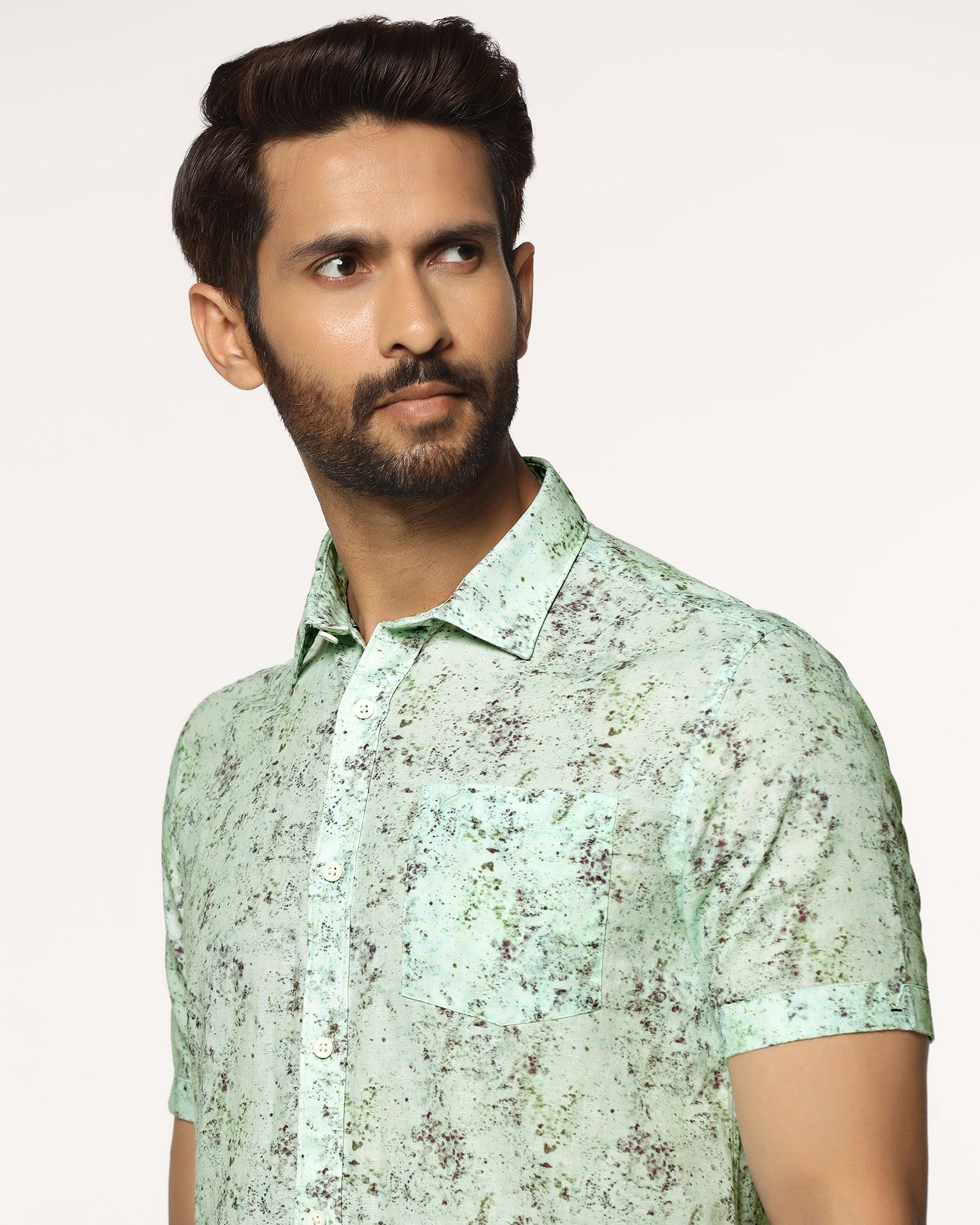 Linen Casual Half Sleeve Grey Printed Shirt - gabin