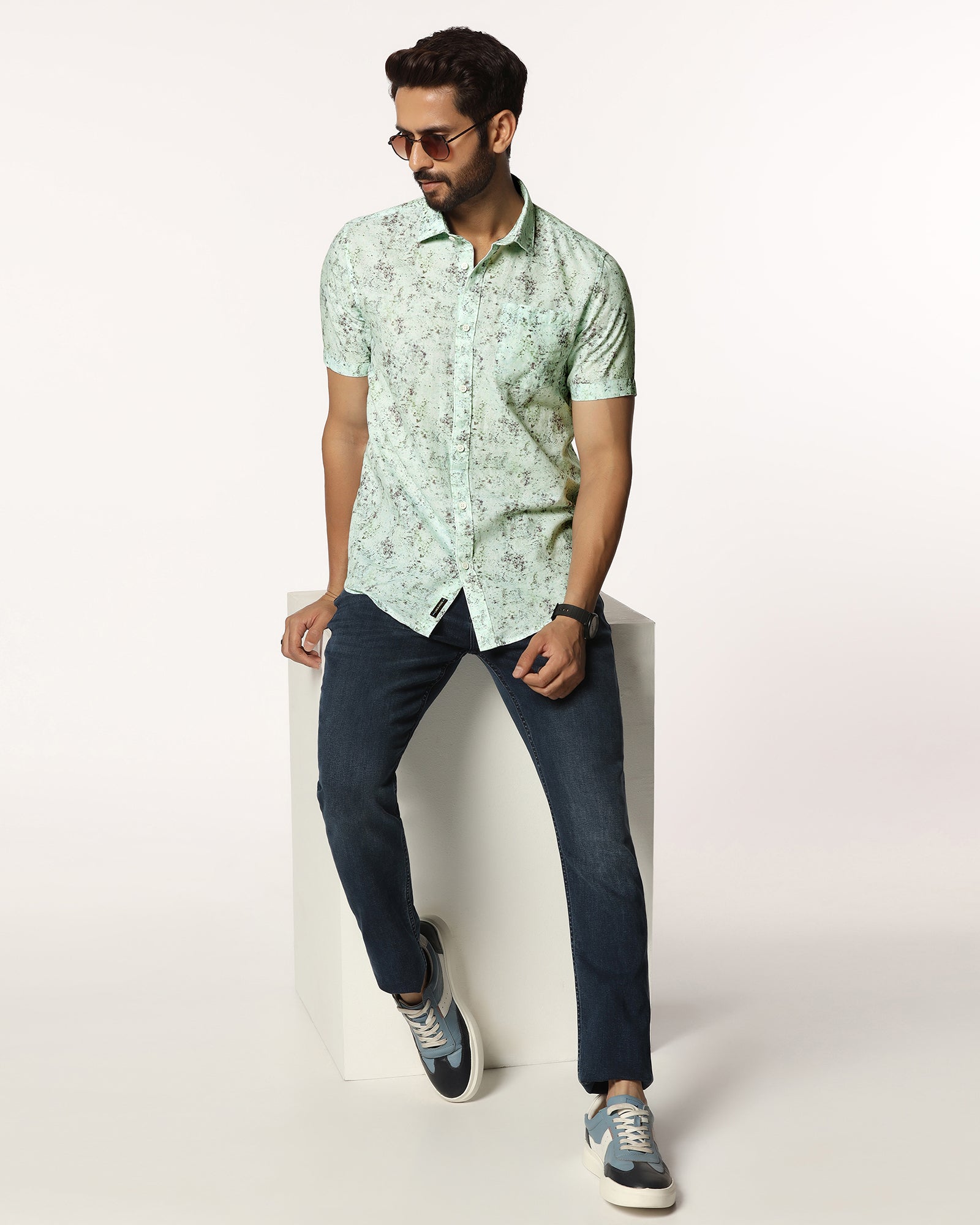Linen Casual Half Sleeve Grey Printed Shirt - gabin