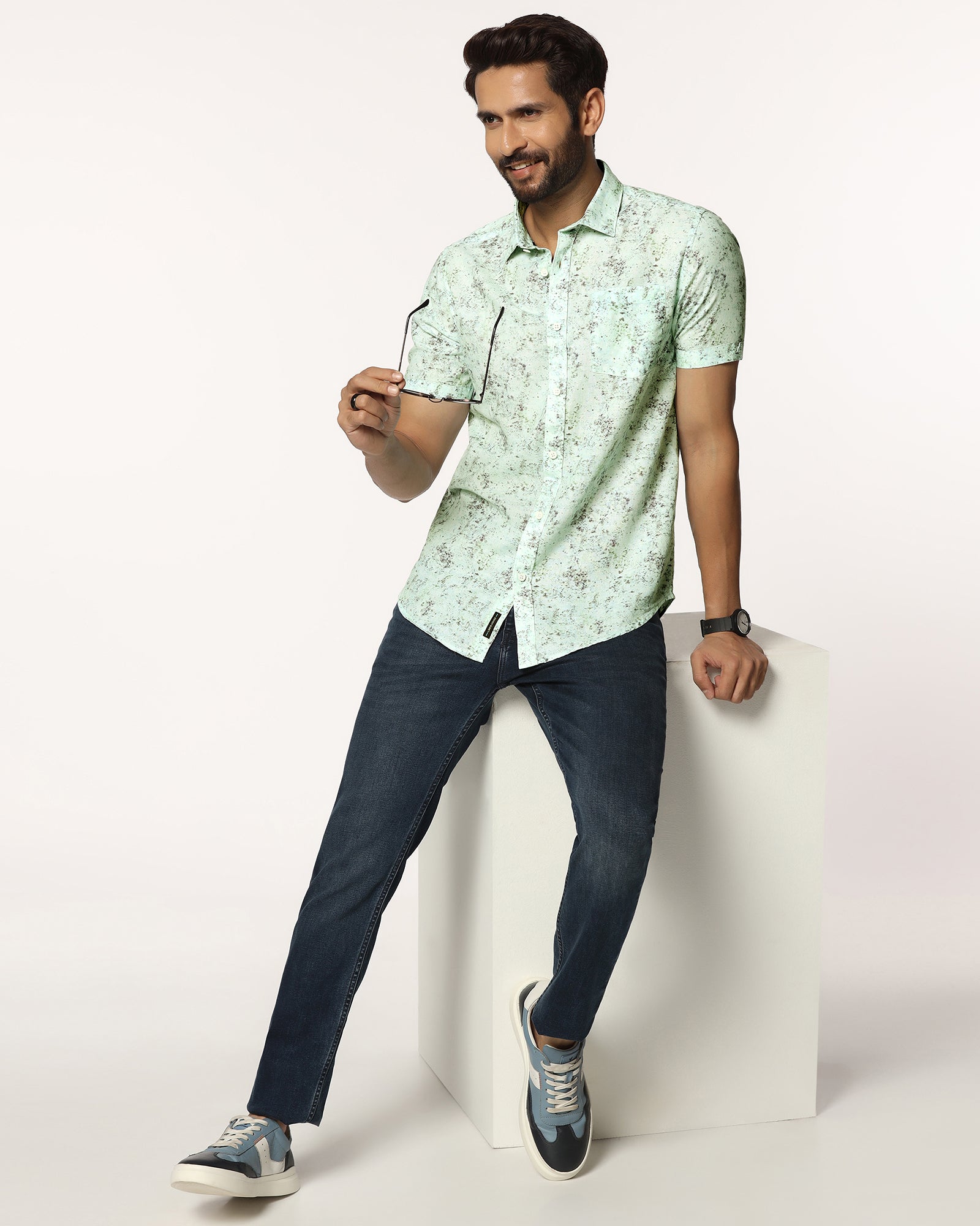 Linen Casual Half Sleeve Grey Printed Shirt - gabin