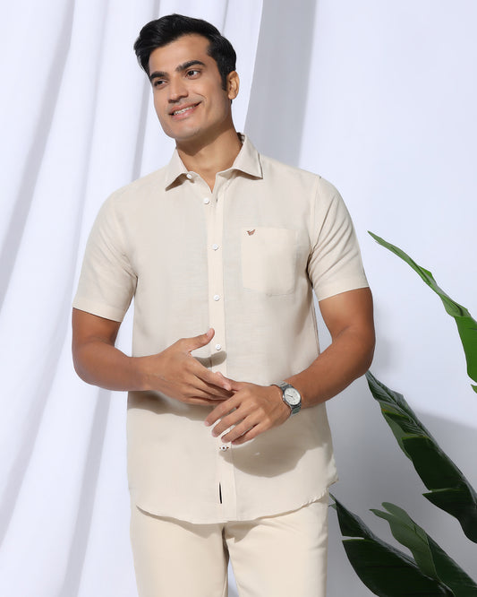 Linen Casual Half Sleeve Natural Solid Shirt - Salmon