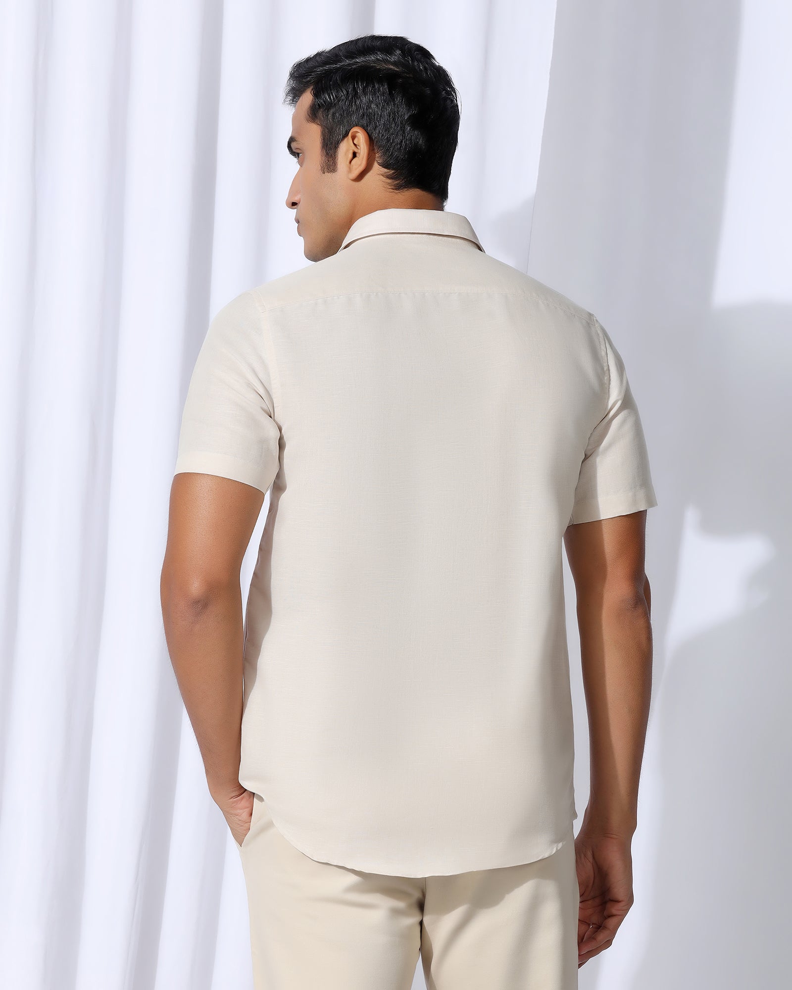 Linen Casual Half Sleeve Natural Solid Shirt - Salmon