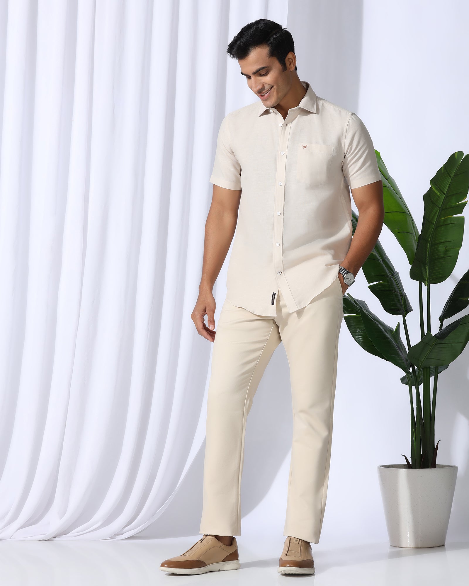 Linen Casual Half Sleeve Natural Solid Shirt - Salmon