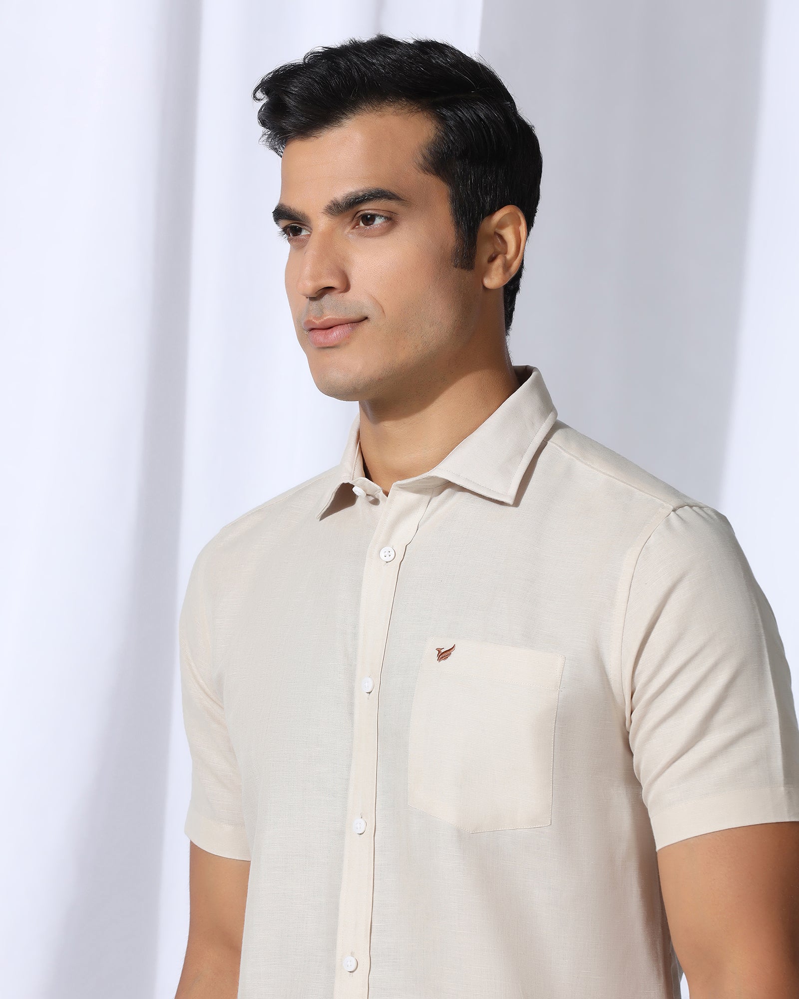 Linen Casual Half Sleeve Natural Solid Shirt - Salmon