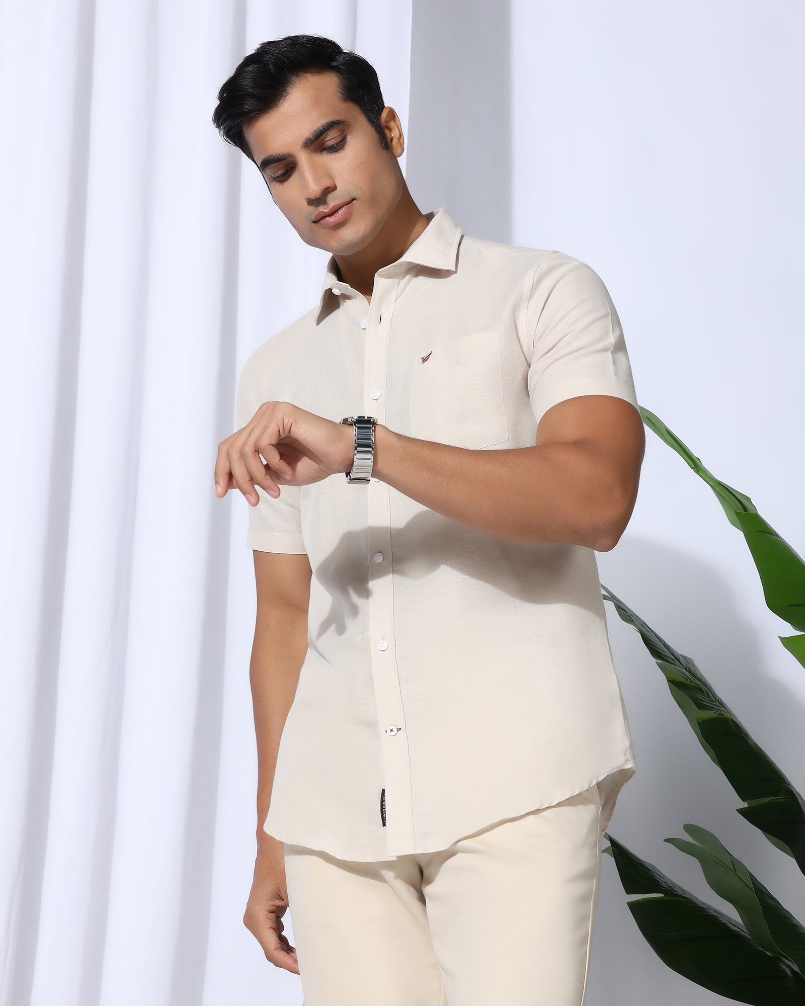 Linen Casual Half Sleeve Natural Solid Shirt - Salmon