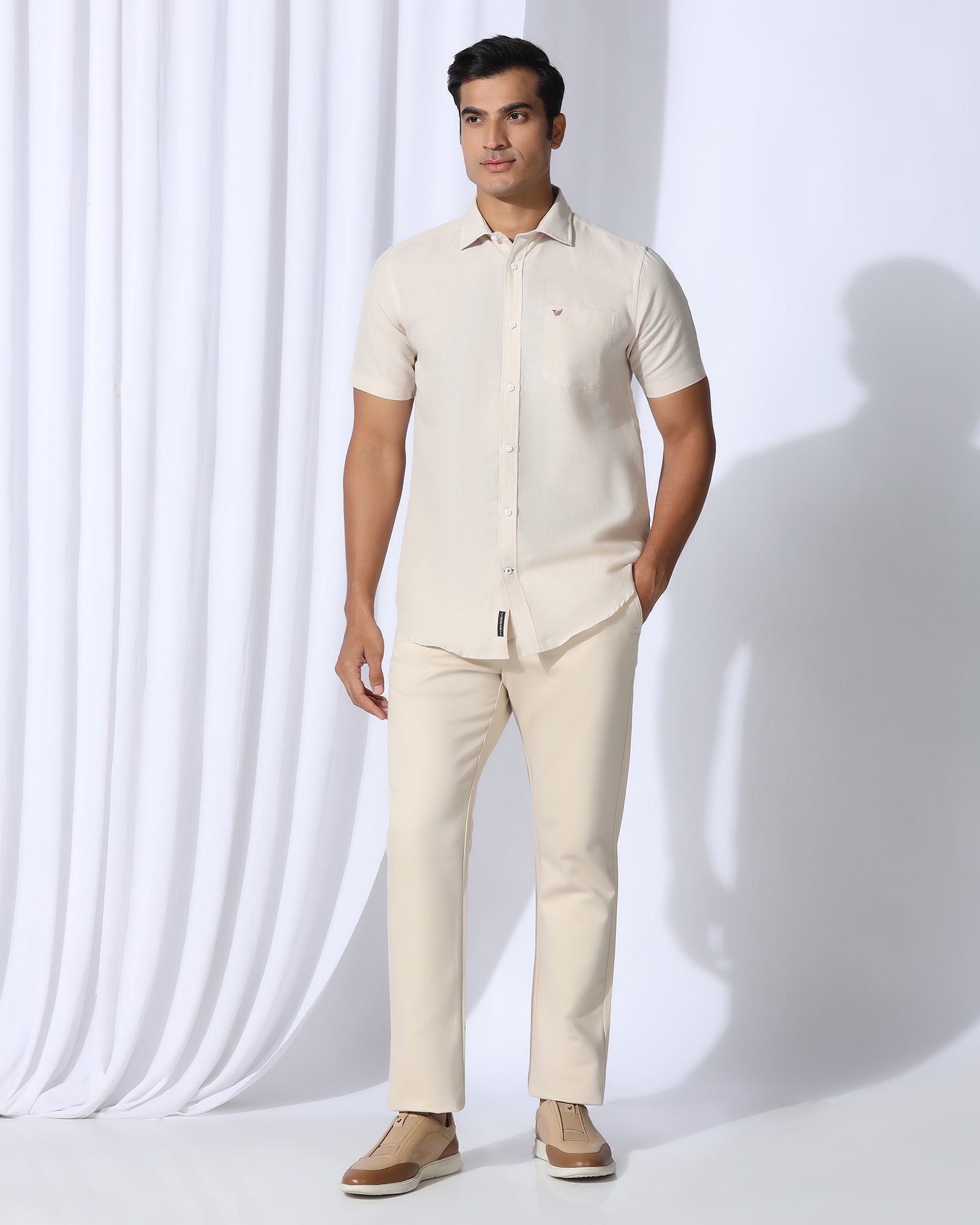 Linen Casual Half Sleeve Natural Solid Shirt - Salmon